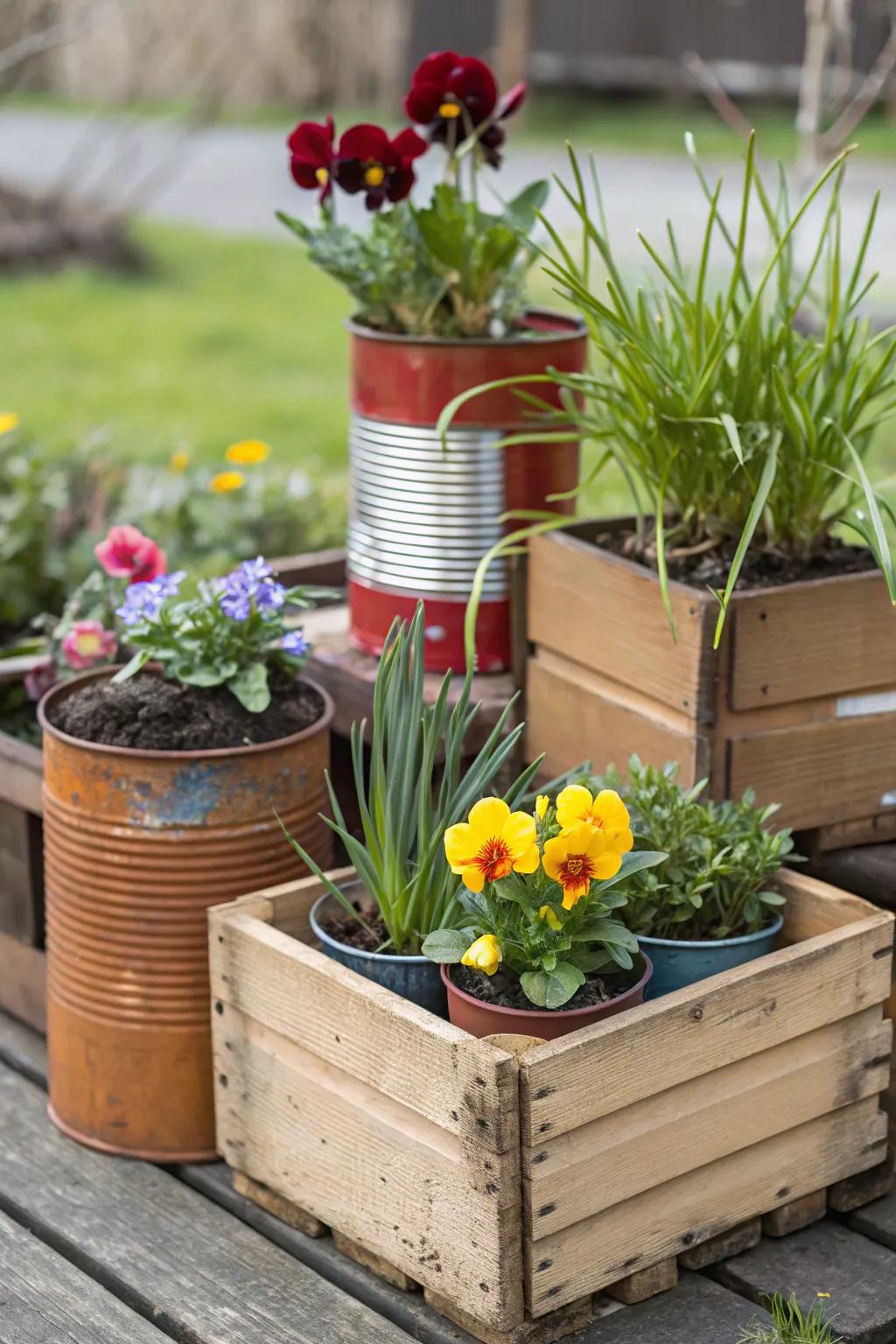 Reused planting containers lend a distinctive and sustainable highlight to your d&eacute;cor.