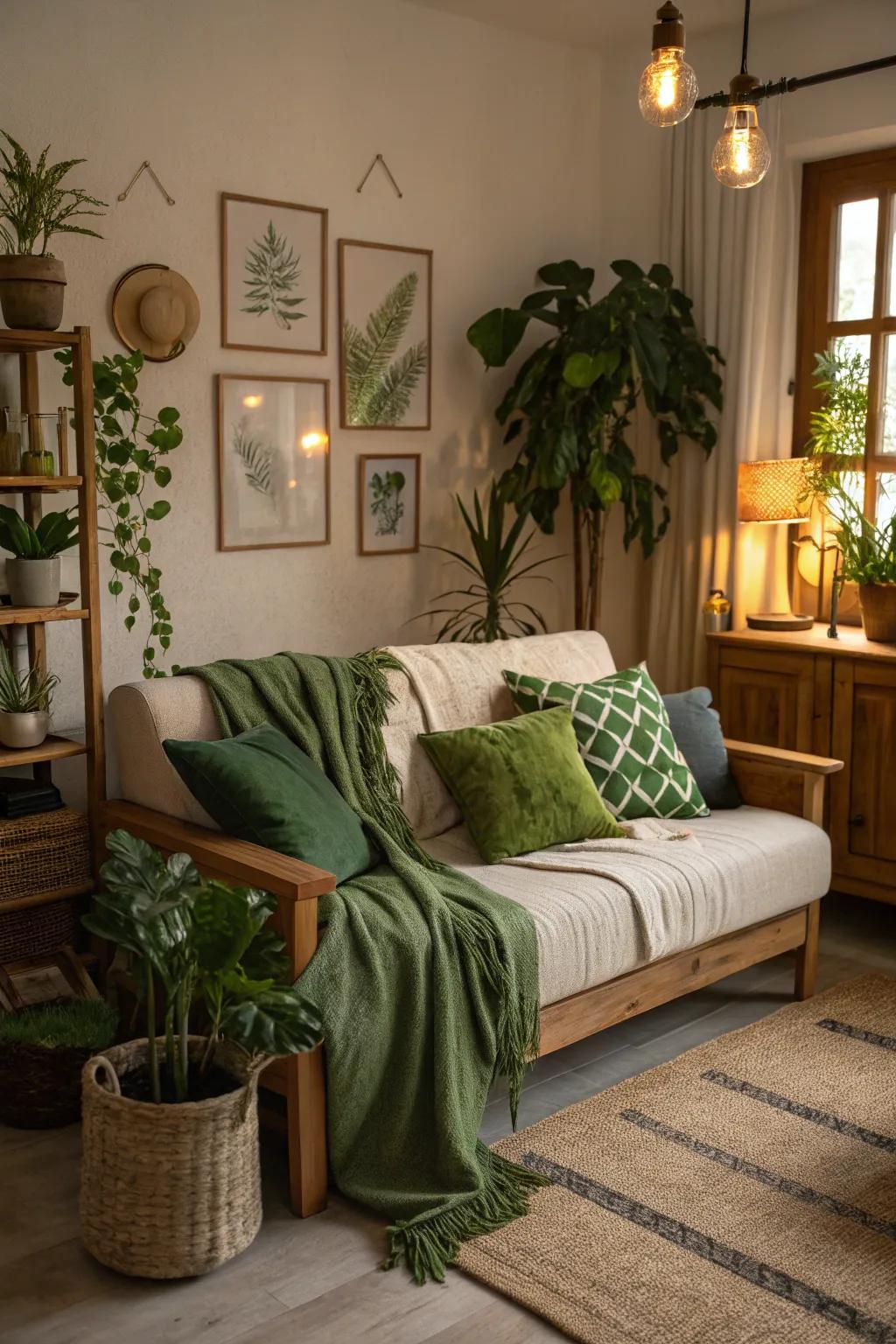 Refined St. Patrick's Day characteristics through verdant throws and cushions.