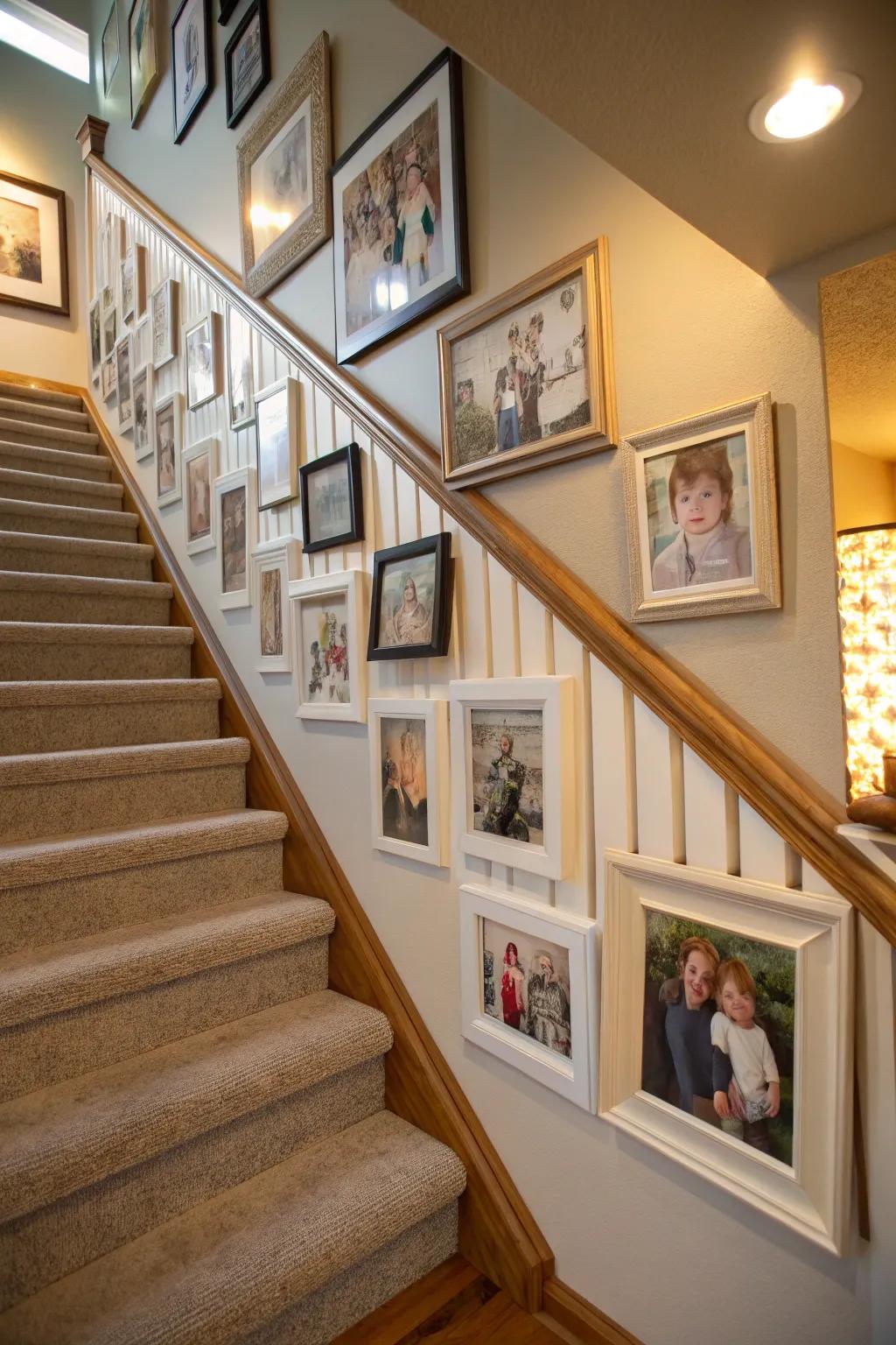 A mini-gallery on your stair landing can personalize and warm up the space.