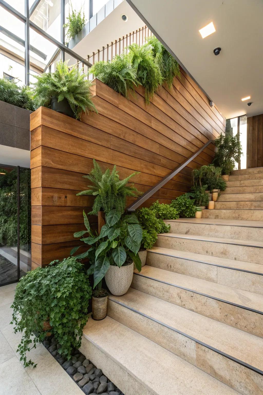 Flora and wood panels create a revitalizing ambiance.