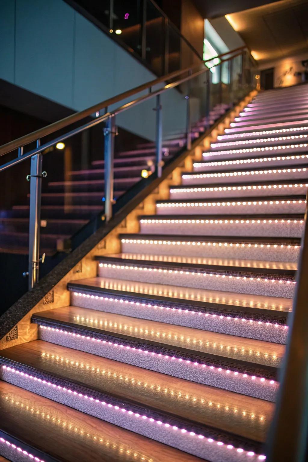 Radiant-lit treads enhance safety and ambiance.