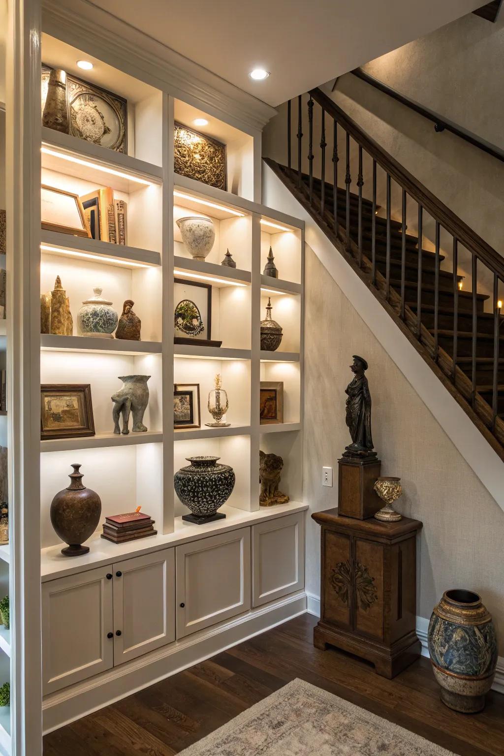 Flaunt your style with display shelves beneath the stairs.