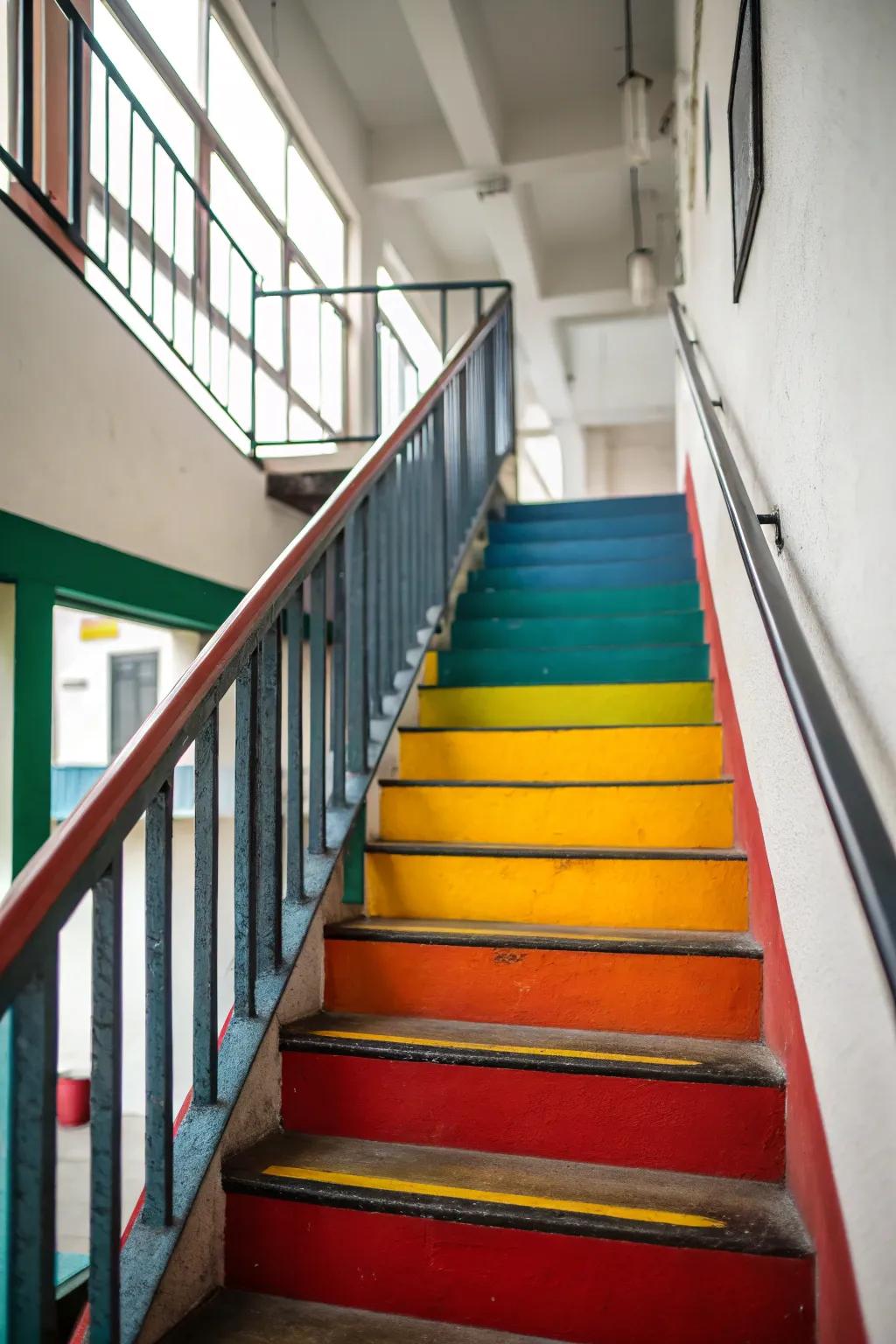Offset colors add a contemporary and vibrant feel to your stairwell.