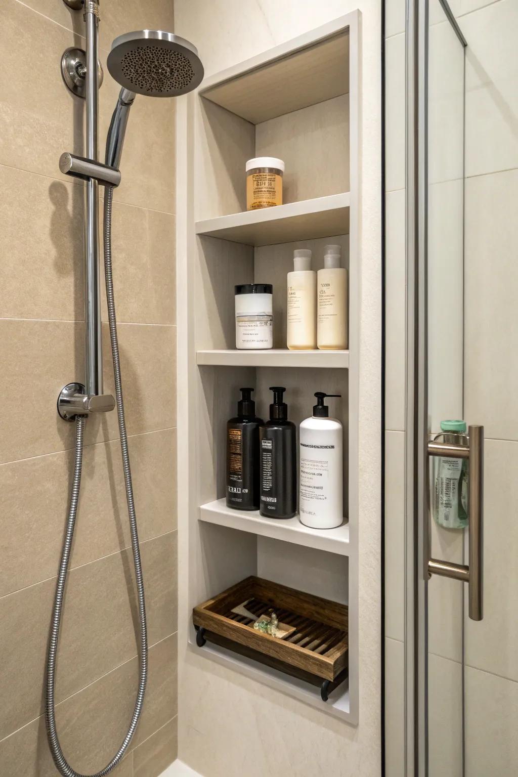 Ingenious storage solutions keeping a stand-up shower tidy and efficient.