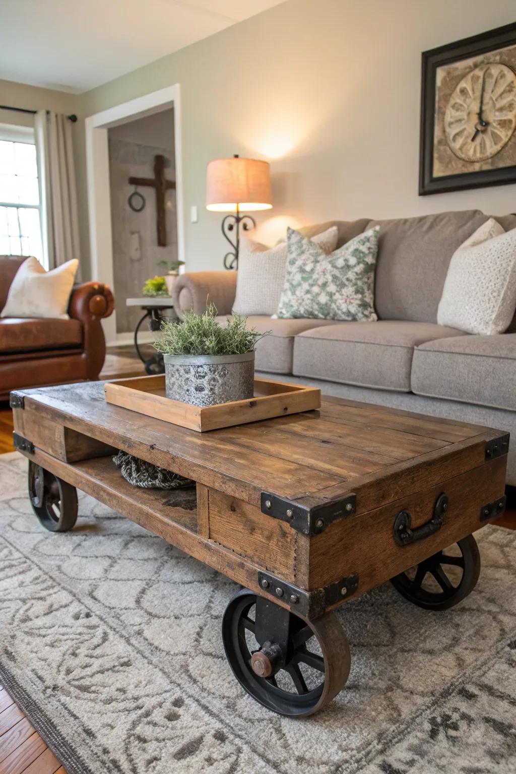 Repurposed industrial furniture enriches steampunk decoration with character and practicality.