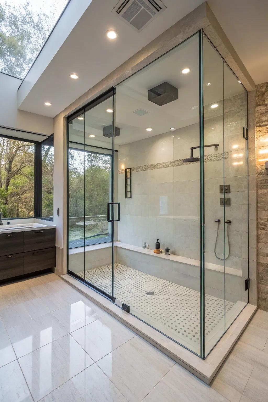 Sunken shower exhibiting an open-concept glass enclosures, projecting an expansive persona.
