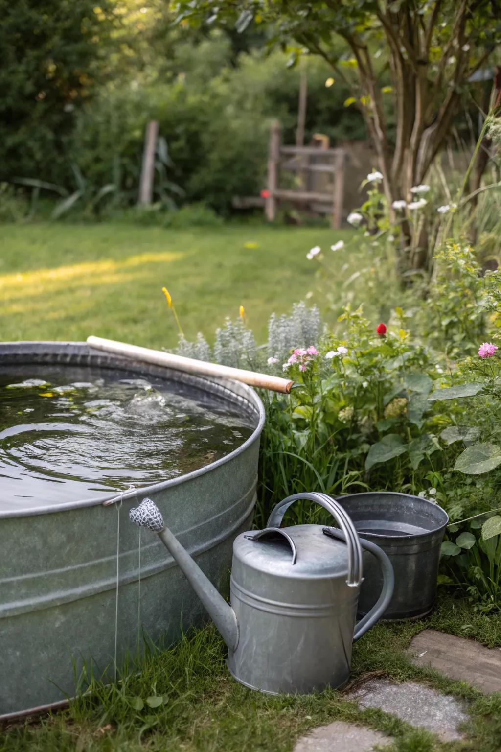Eco-conscious hydration from a steel basin oasis to nourish the garden.