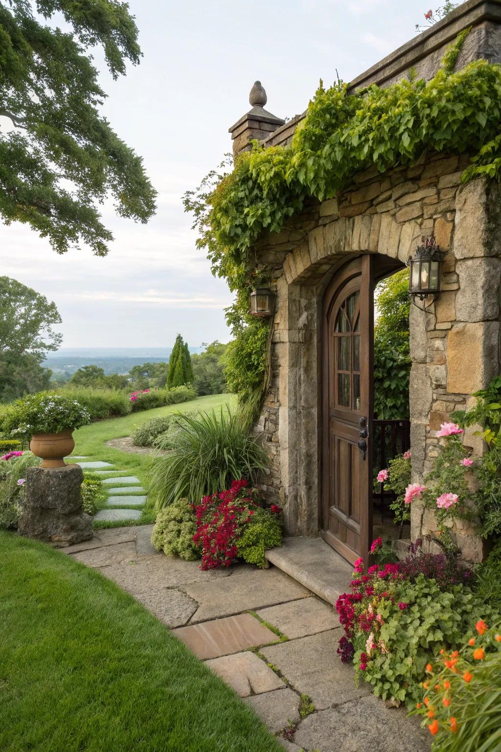 Verdure infuses life and color into stone entrances.