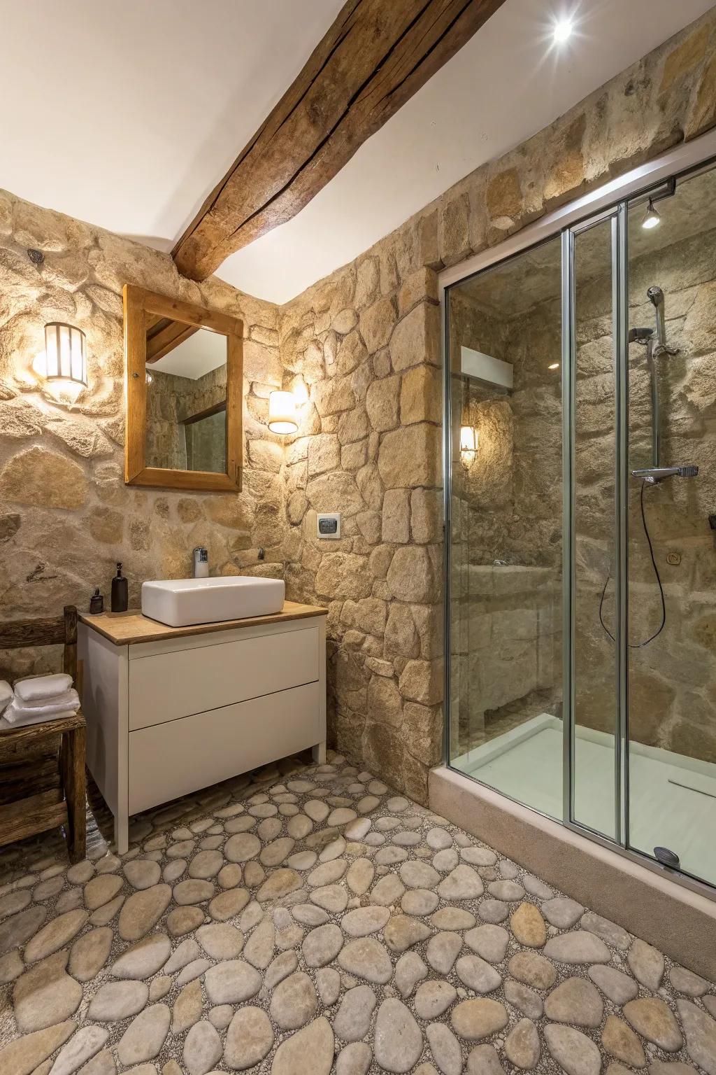 A bathroom showcasing stone flooring with texture that matches the stone walls.
