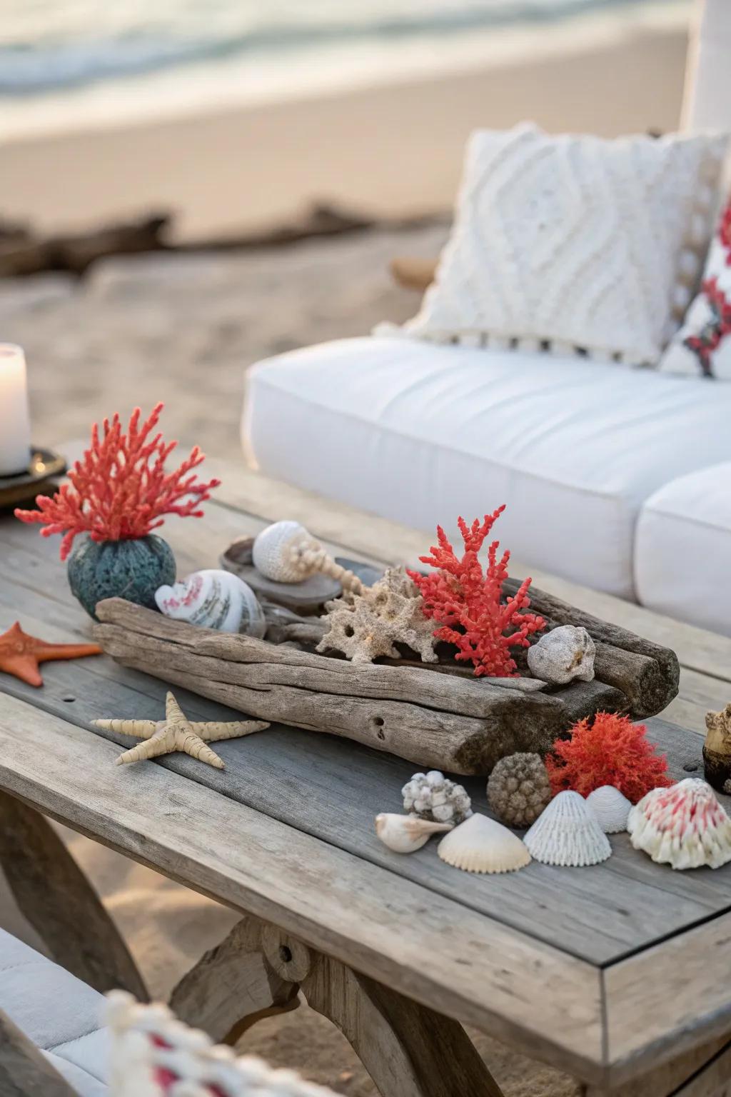 Seaside décor with driftwood and coral brings coastal charm indoors.