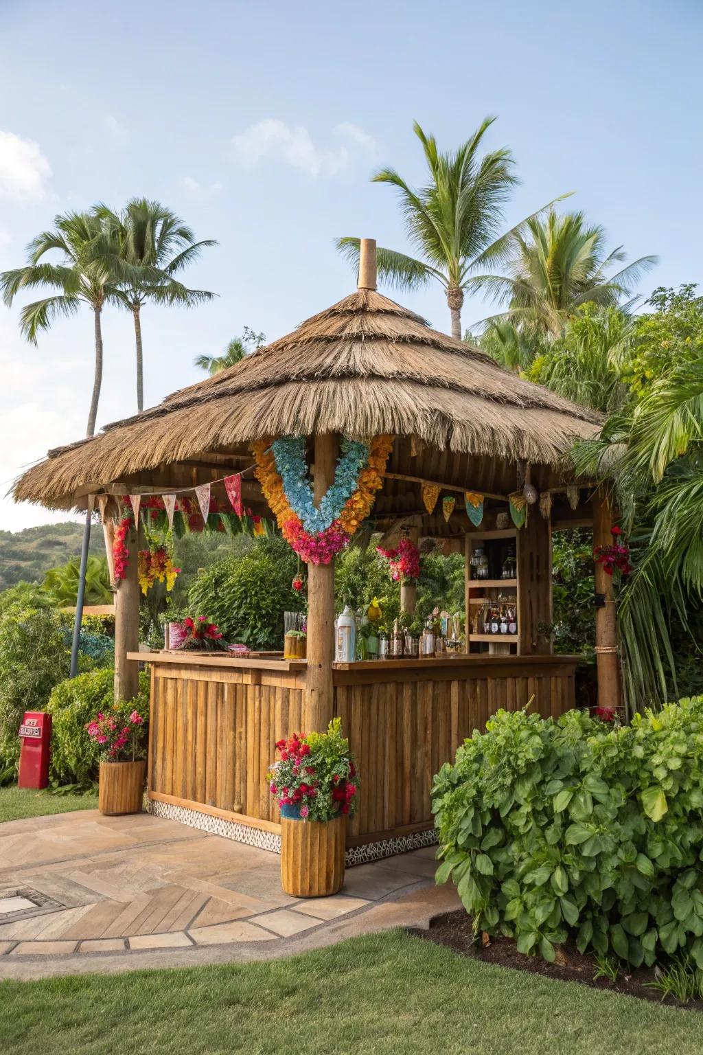 A tropical island hut bar brings island vibes to any backyard.