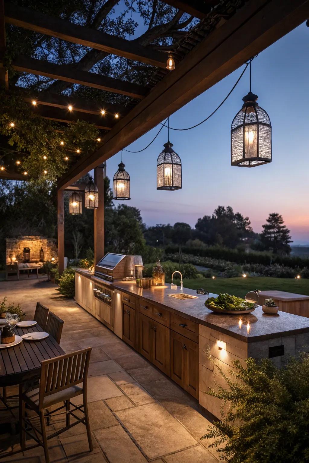 Tactical illumination enriching the evening atmosphere of an outside kitchen.