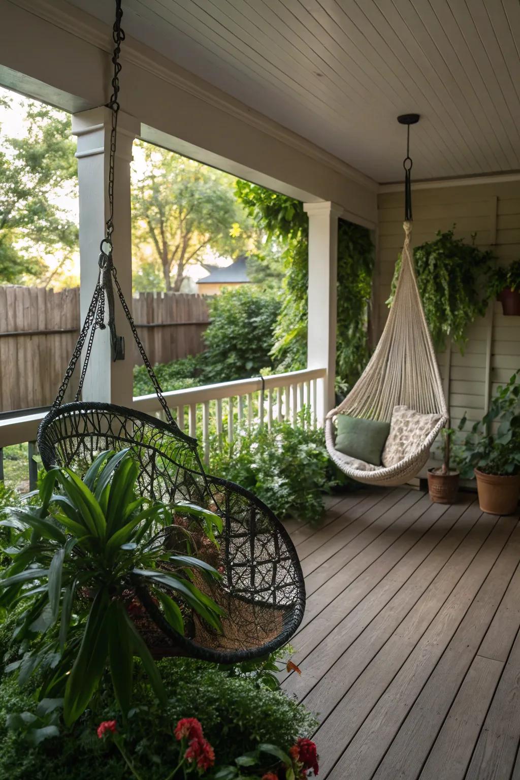 A swing or hammock imparts a relaxing, vacation-esque touch.