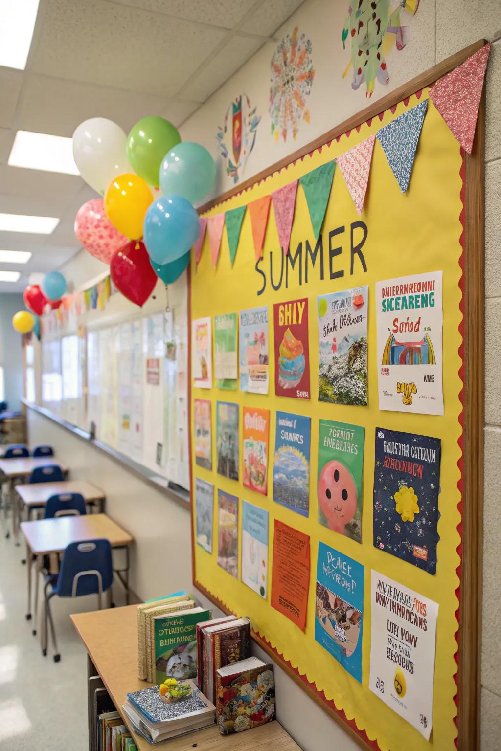 A summer reading-themed bulletin board encouraging book adventures.