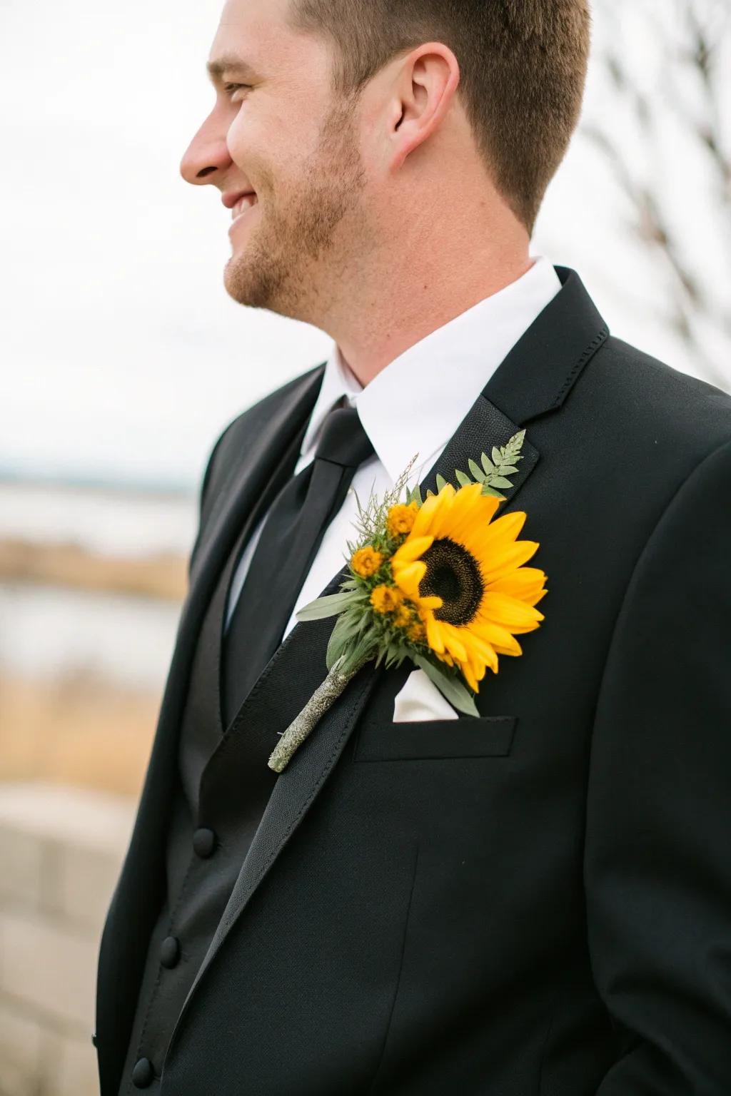 A stylish corsage featuring a golden bloom for the groom.
