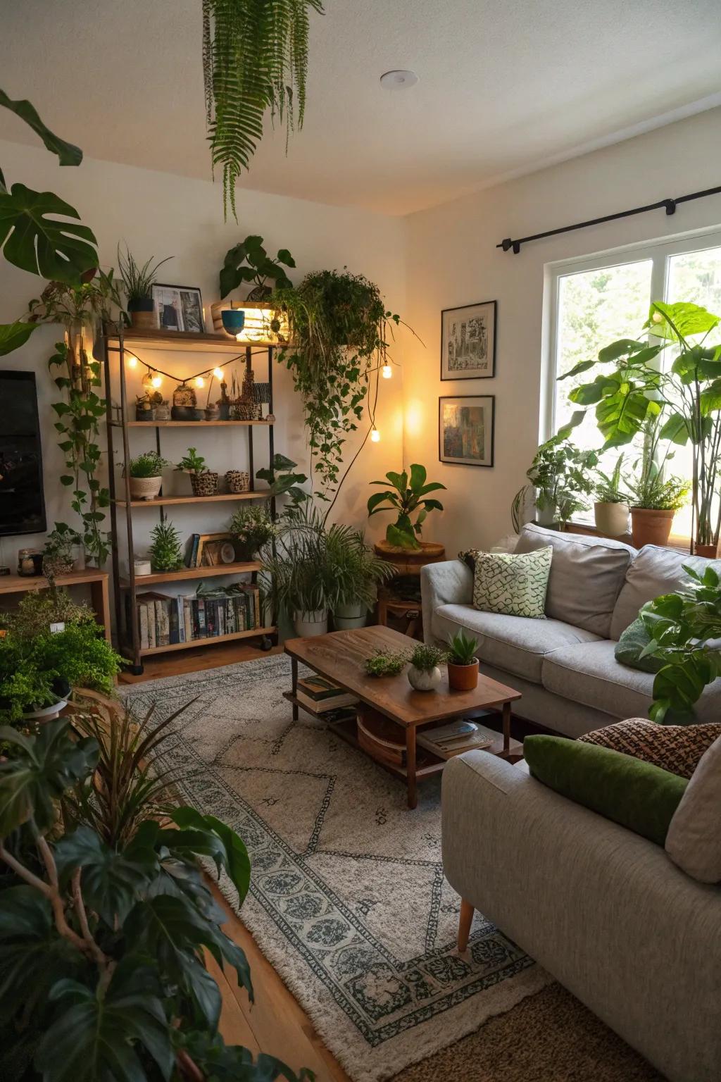A sunken living room showcasing interior flora.