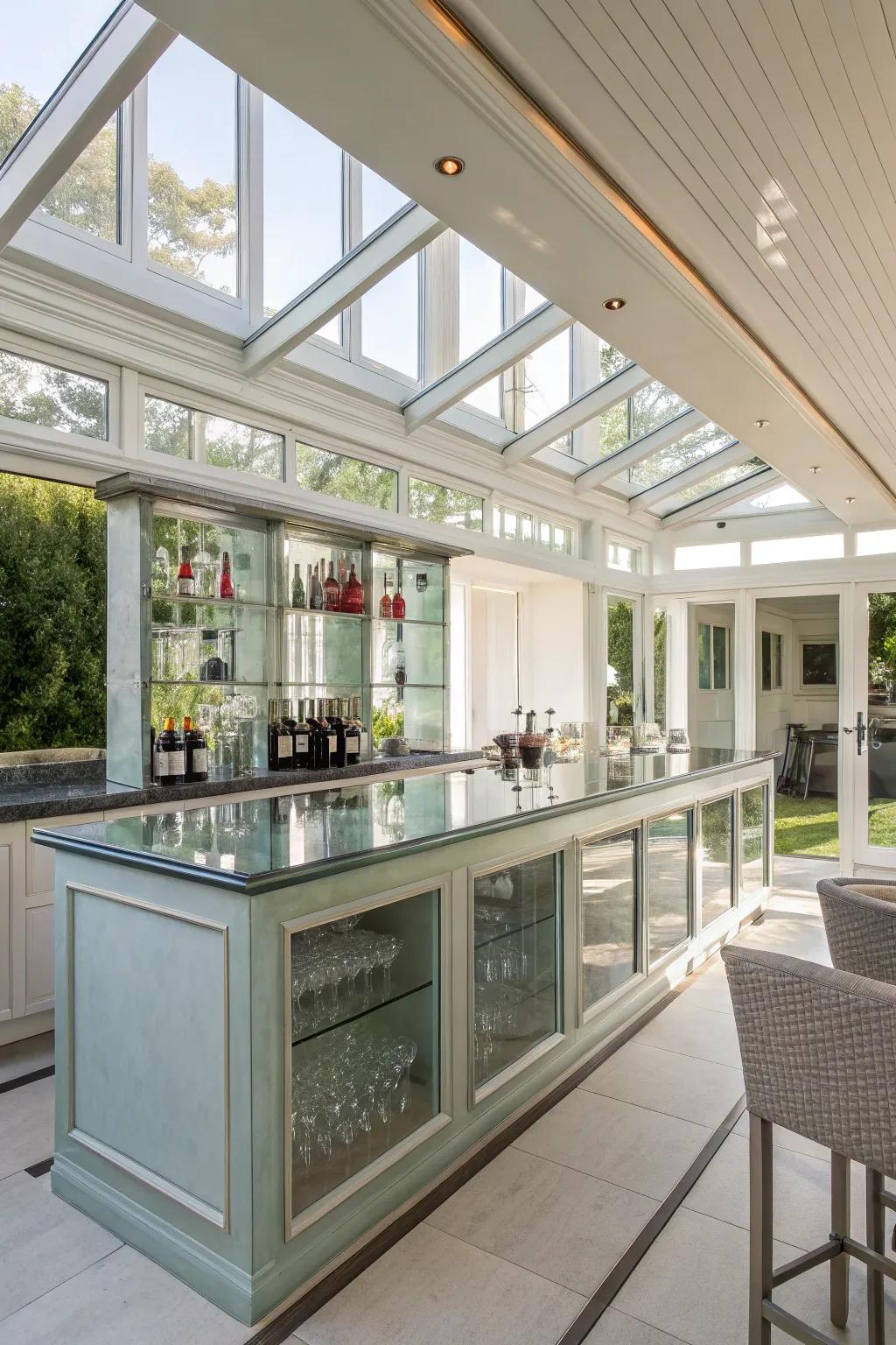 Polished facades enhance light and add elegance to your sunroom bar.