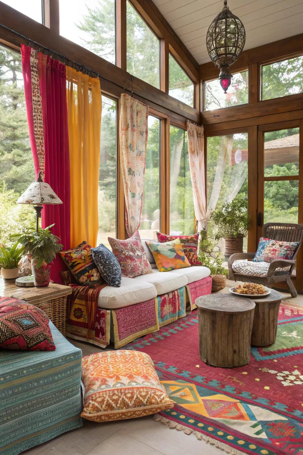 Vibrant fabrics give this sunroom a bohemian vibe.