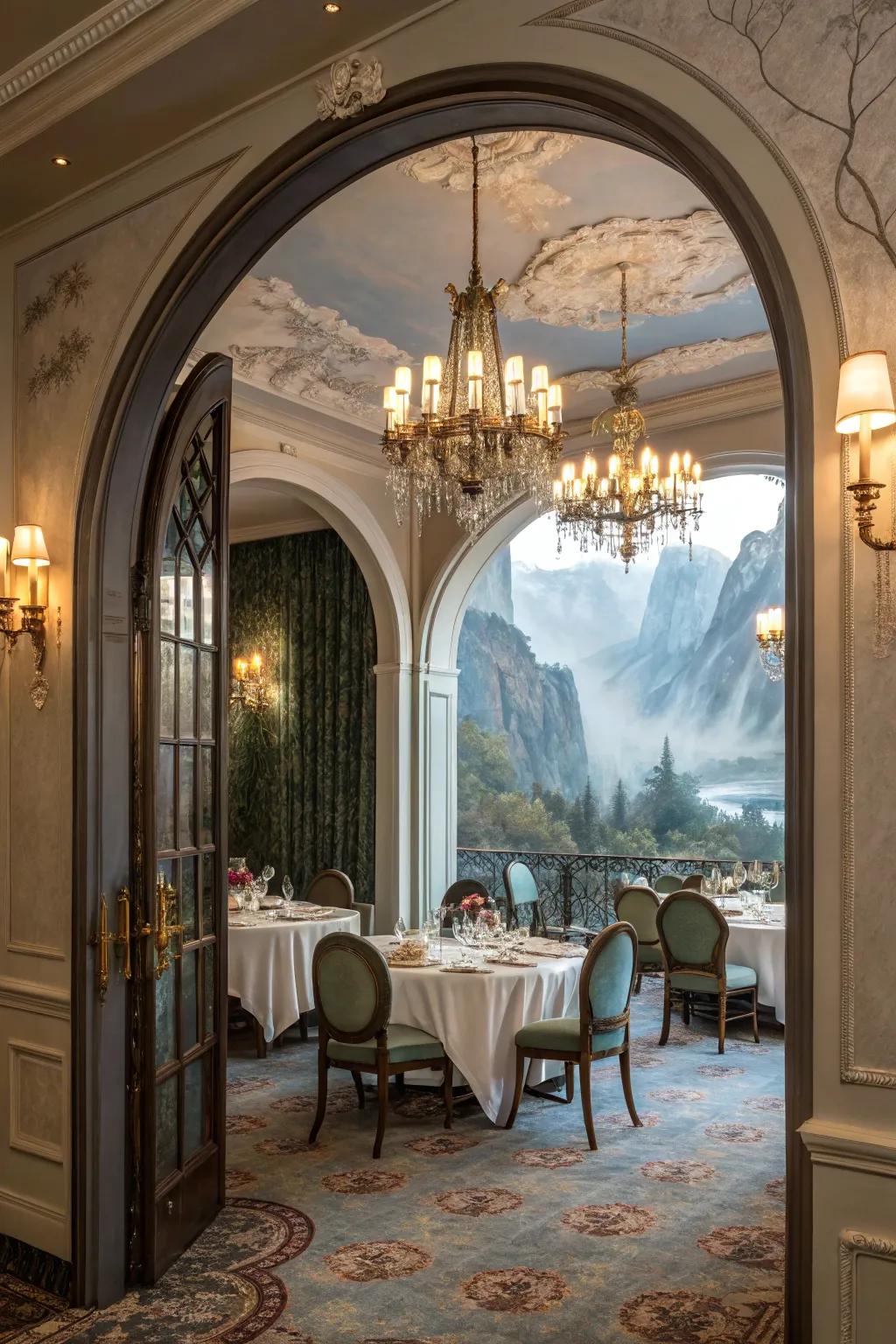 A dining space featuring bowed gateways to surreal realms.
