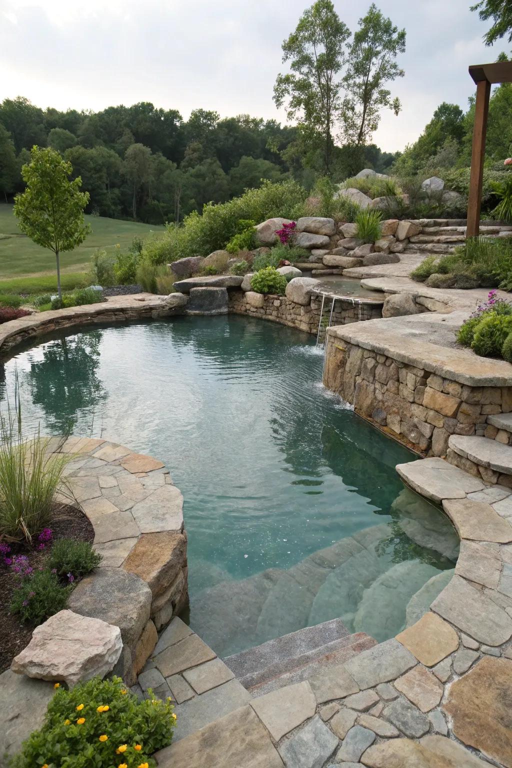 This multi-tiered design enhances the depth and visual appeal of the swimming pond.