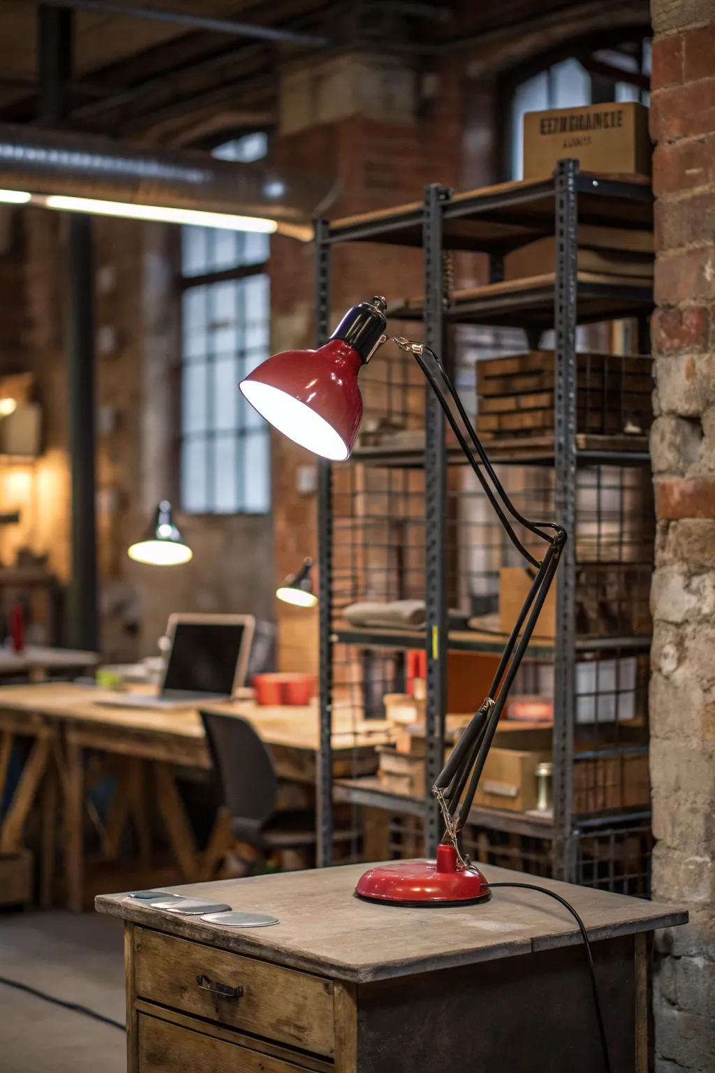 An industrial table lamp adds artistic flair to a creative workspace.