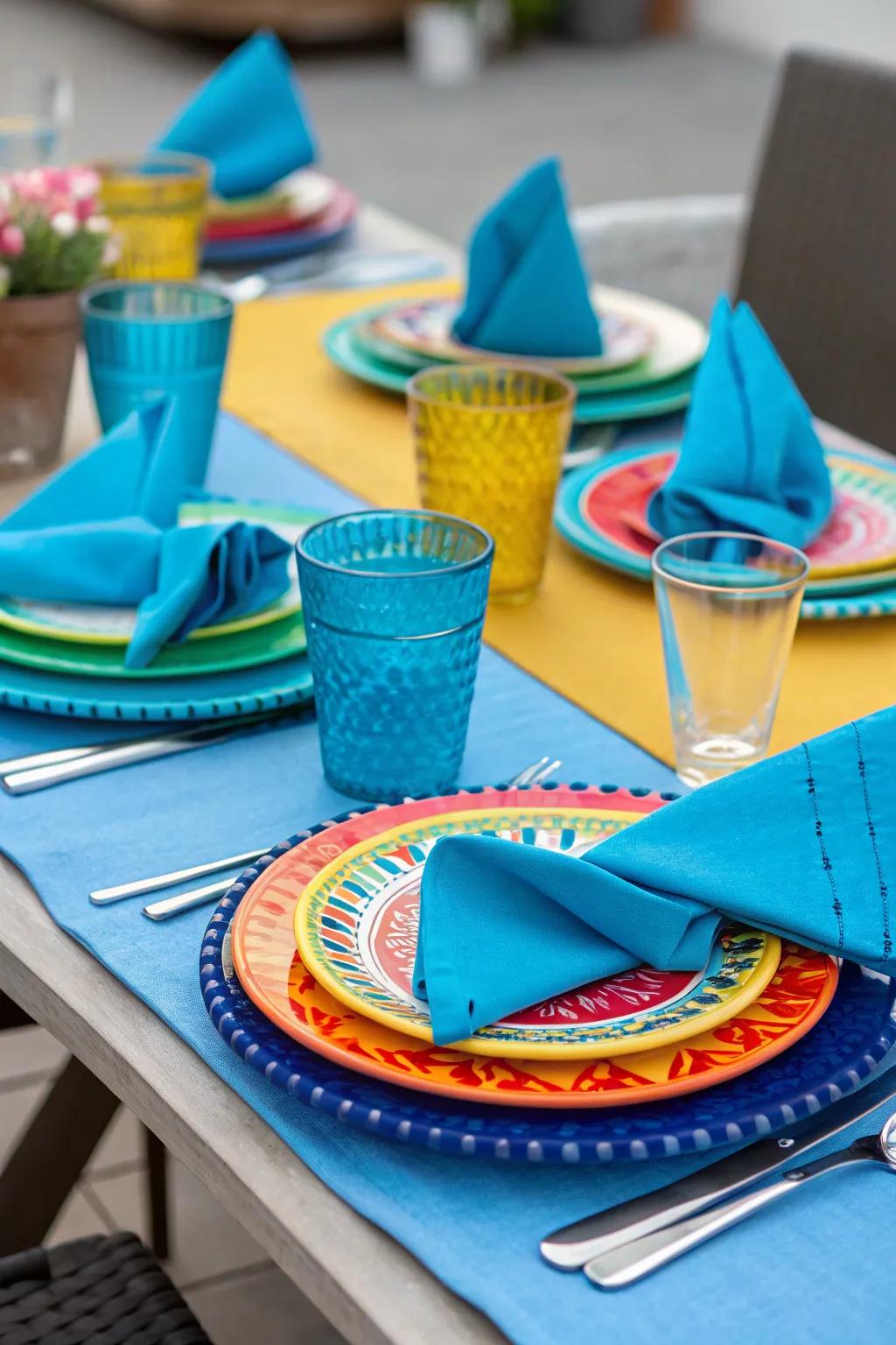 Vibrant setup combining blue napkins with contrasting tableware.