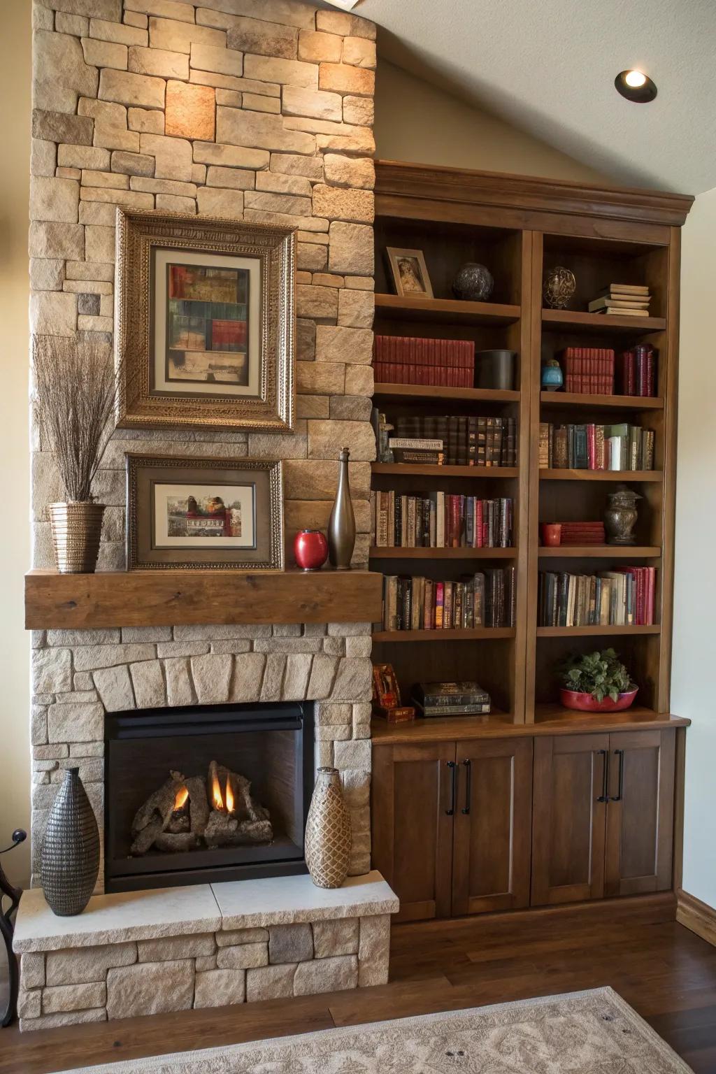Integrated shelving appends practicality to a fireplace wall.