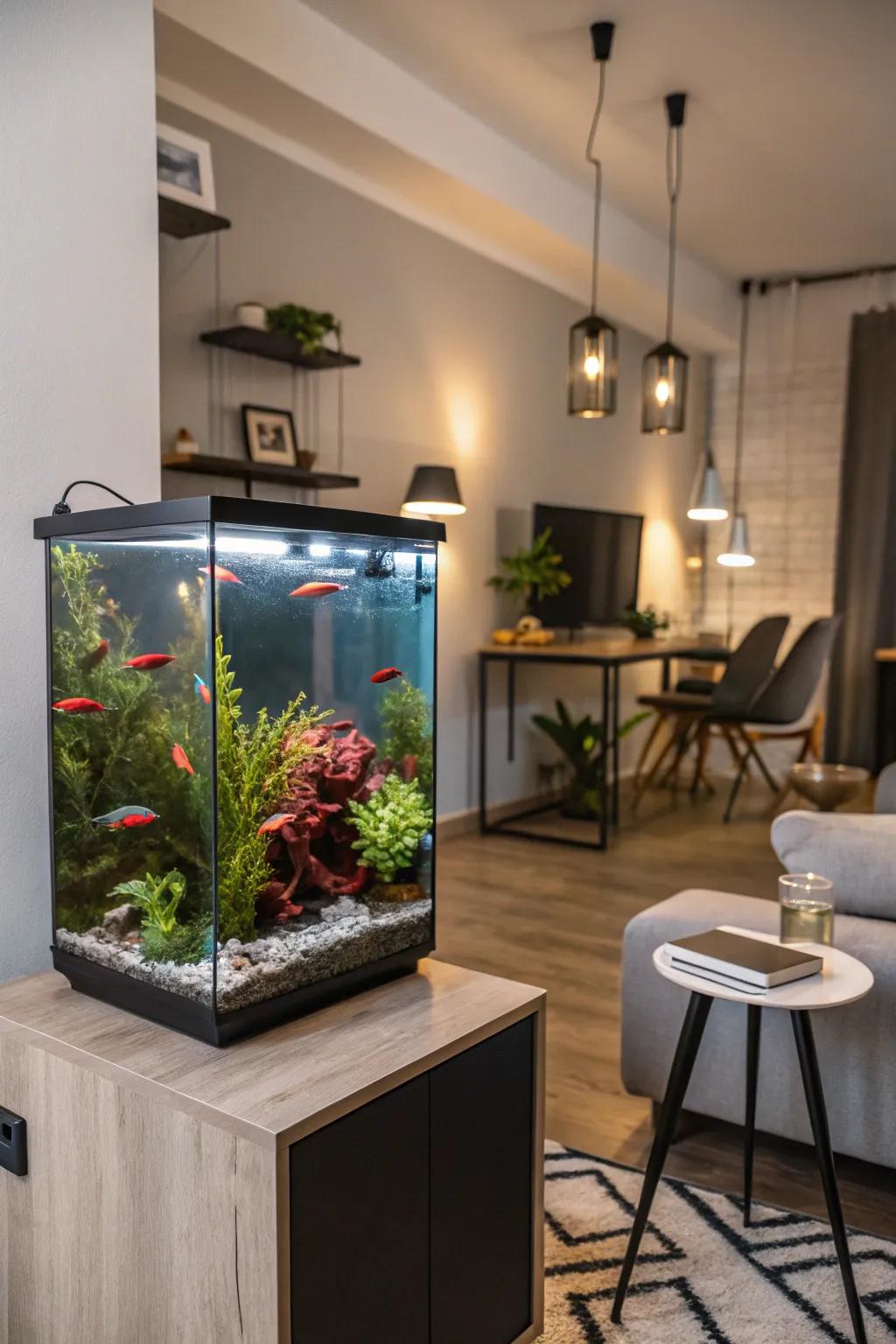 A streamlined stature towering aquarium harmonizing perfectly within a compact setting.