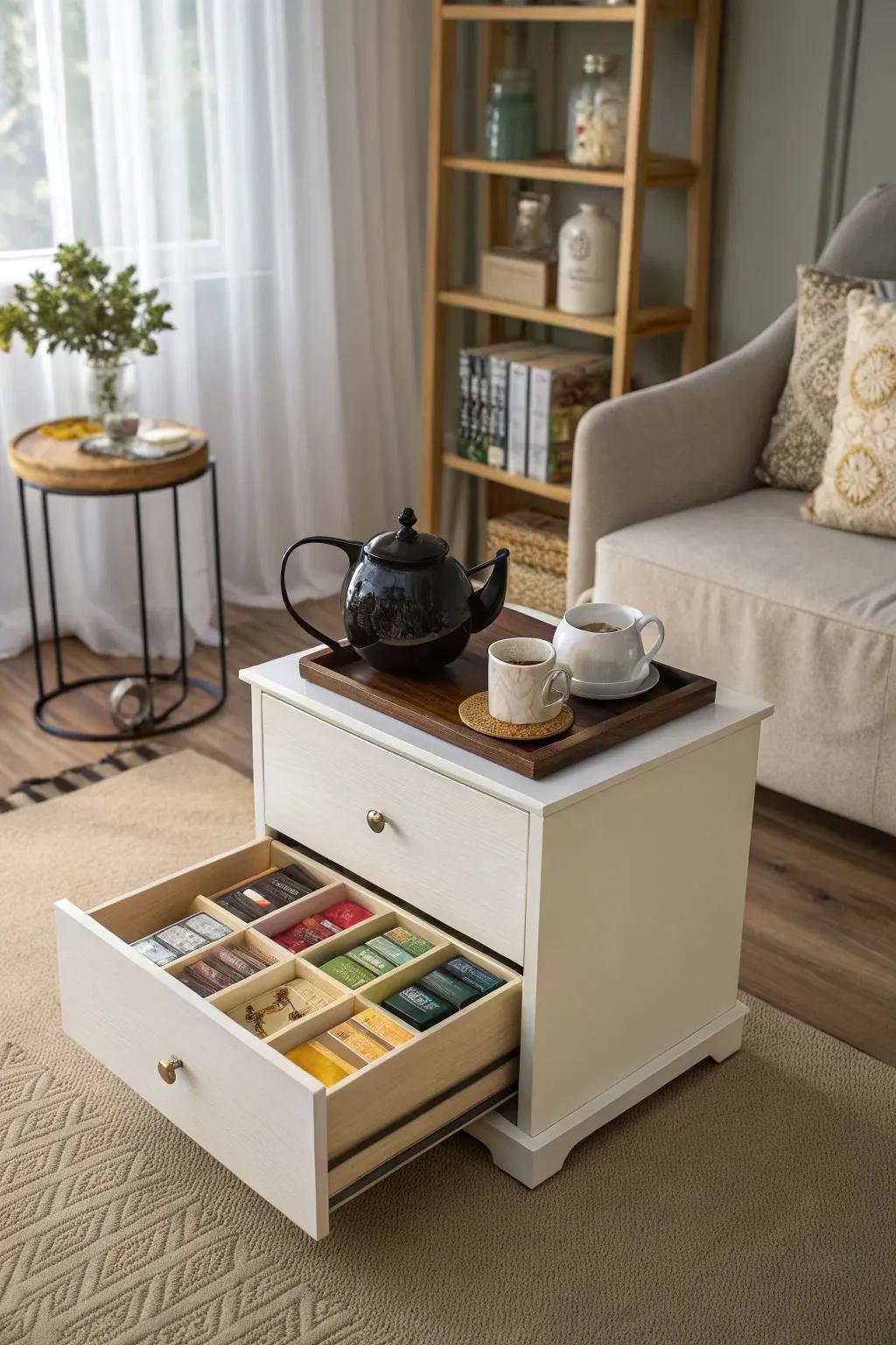 Multi-use furniture serving as a tea station.