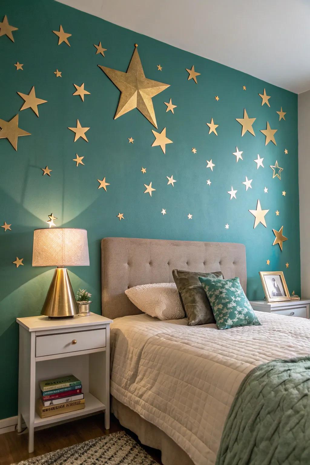 Gilded star-formed decor adds a whimsical touch to this aqua-themed bedroom.