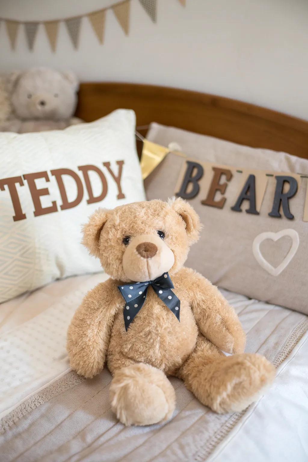 Personalized letters add a sweet touch to a teddy bear centerpiece.