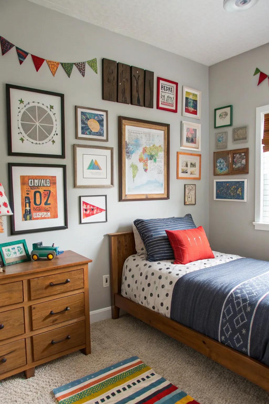Artistic elements such as framed art and wall stickers personalize this teen boy's room.