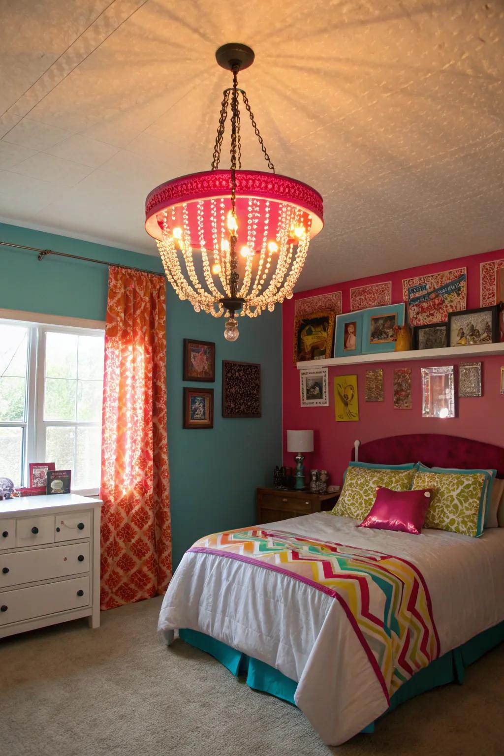 Whimsical overhead fixtures make a striking impression.