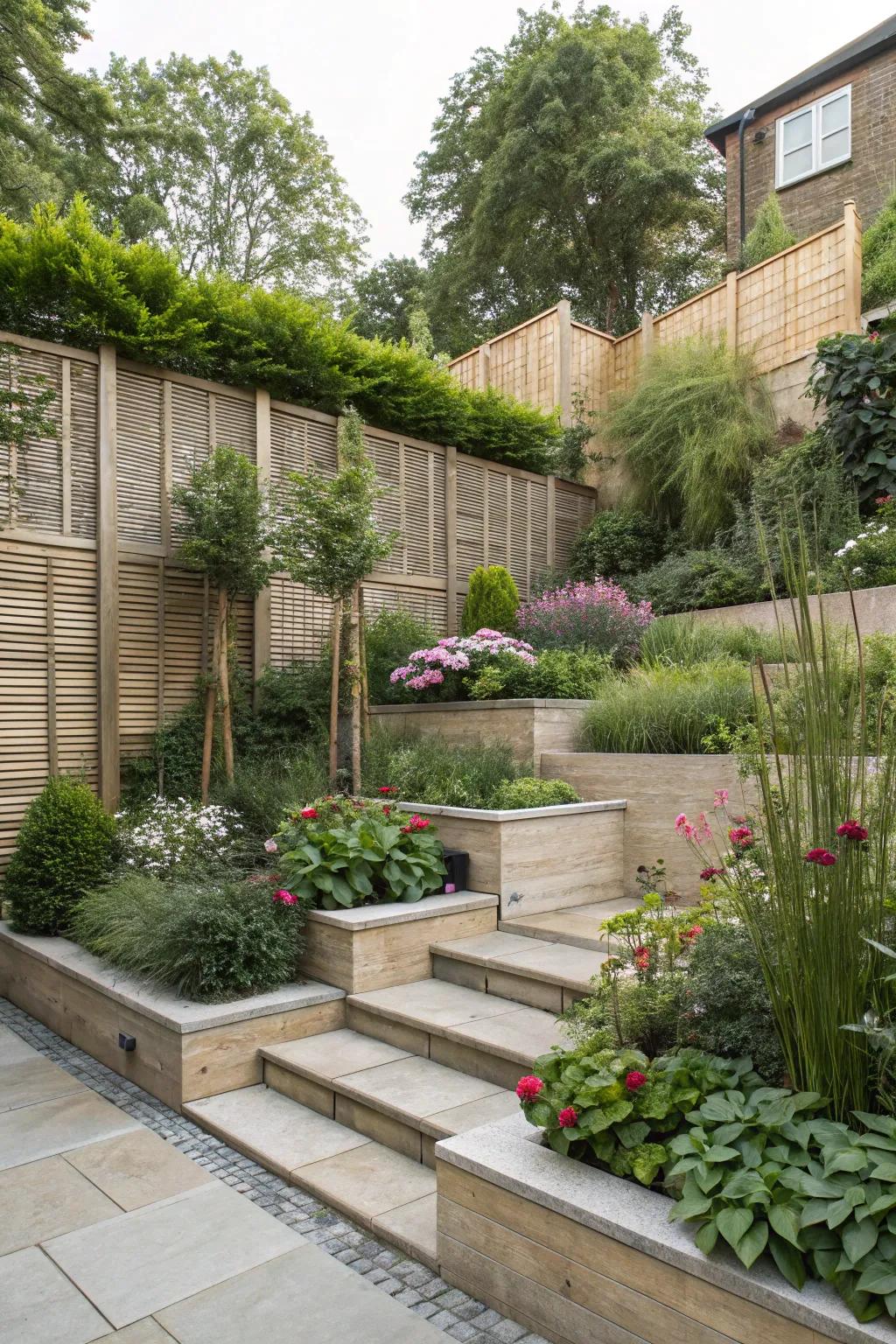 A tiered garden with privacy features, delivering secluded and intimate outdoor spaces.