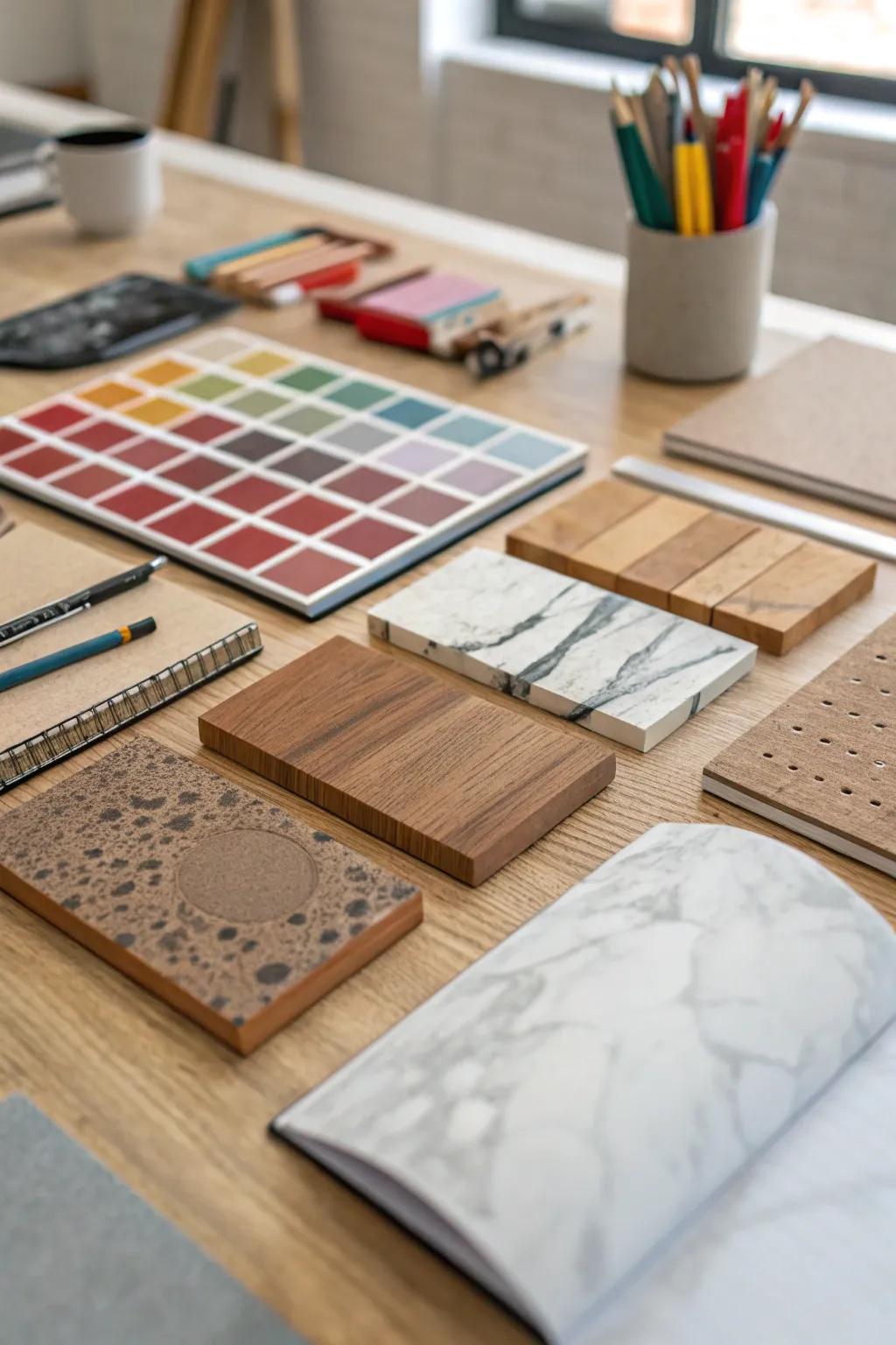 A collection of texture samples offers endless inspiration in this creative workspace.
