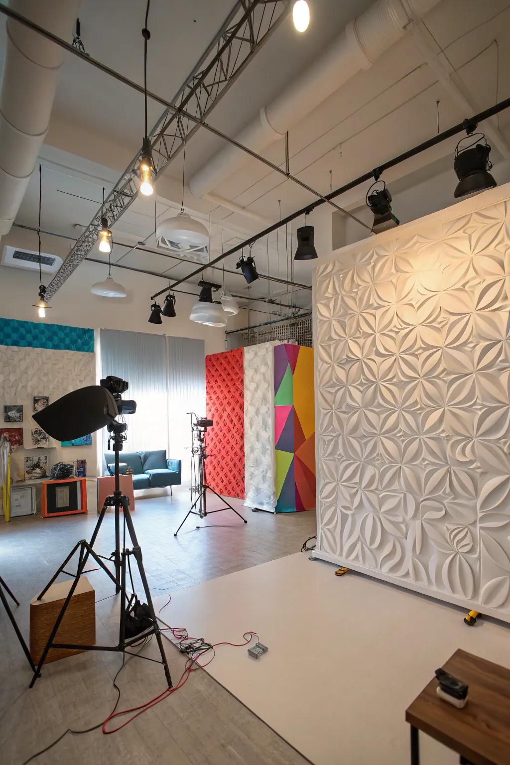 A studio featuring dynamic 3D textured walls.