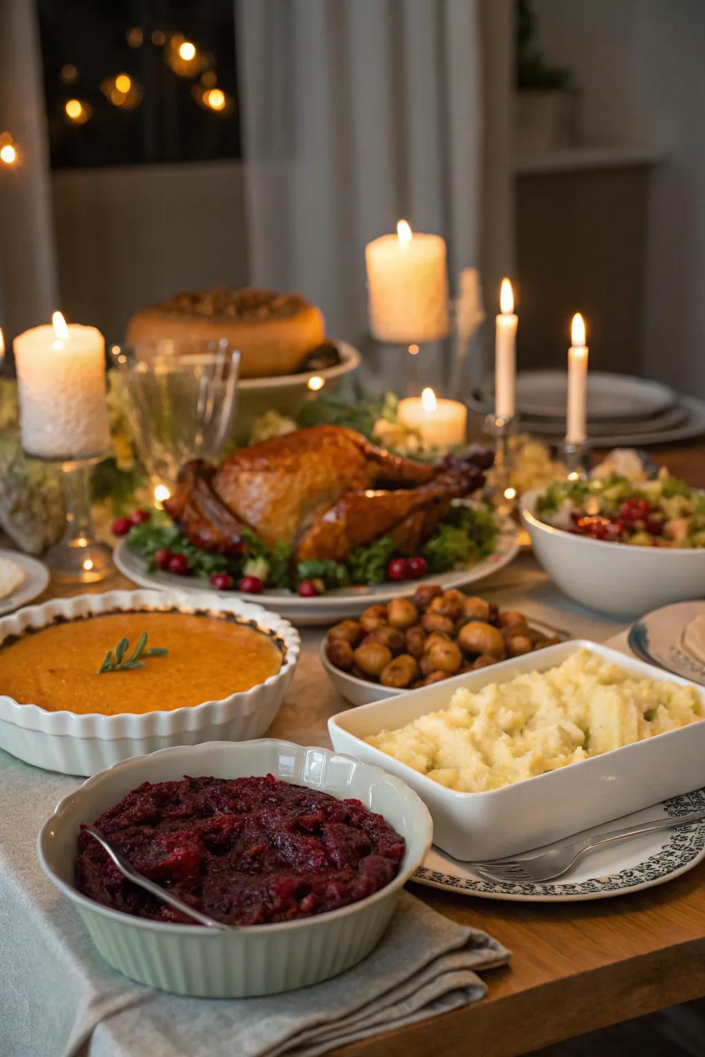 Candles provide a warm and inviting glow to the buffet.