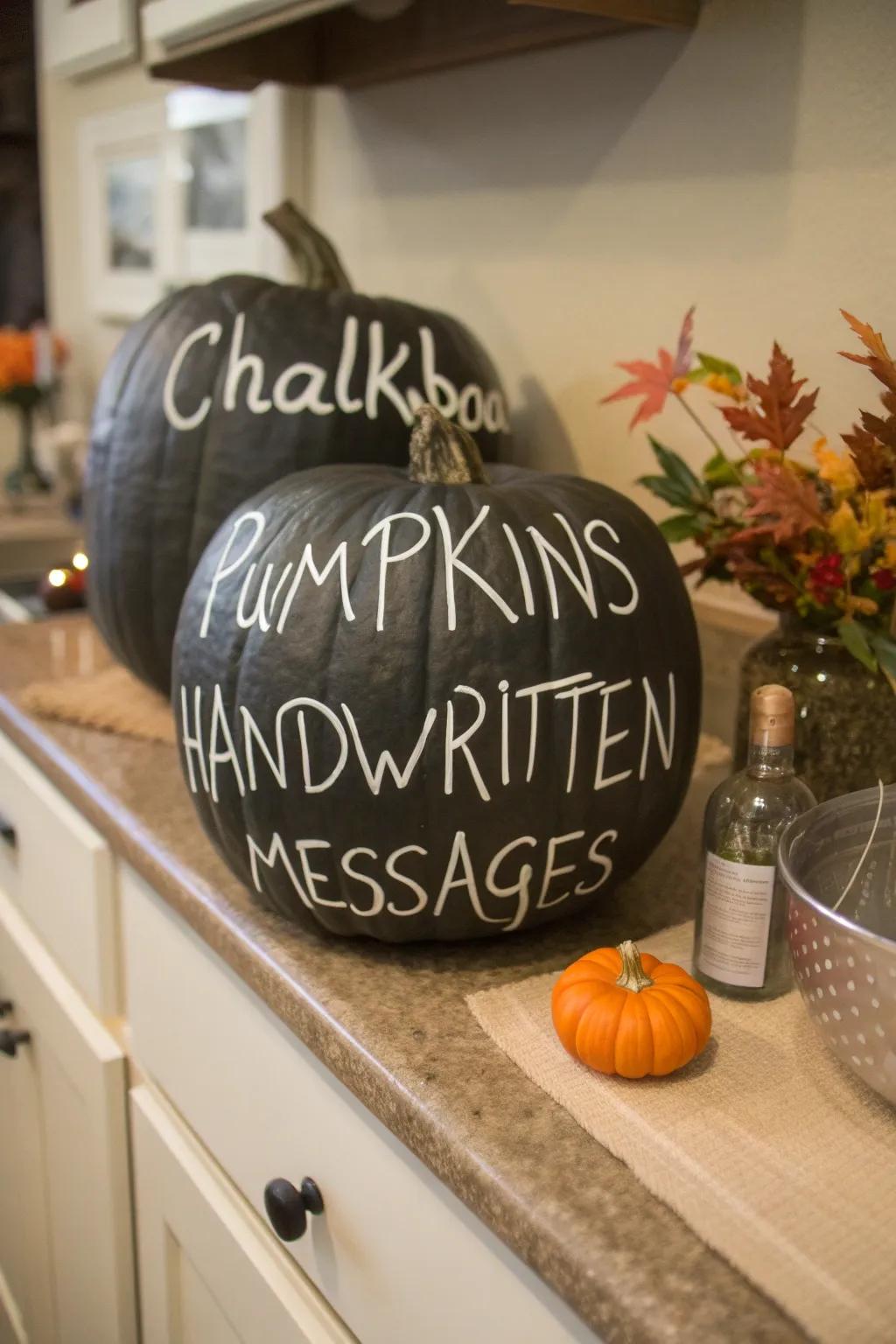 Interactive slate canvas pumpkins for personalized messages.