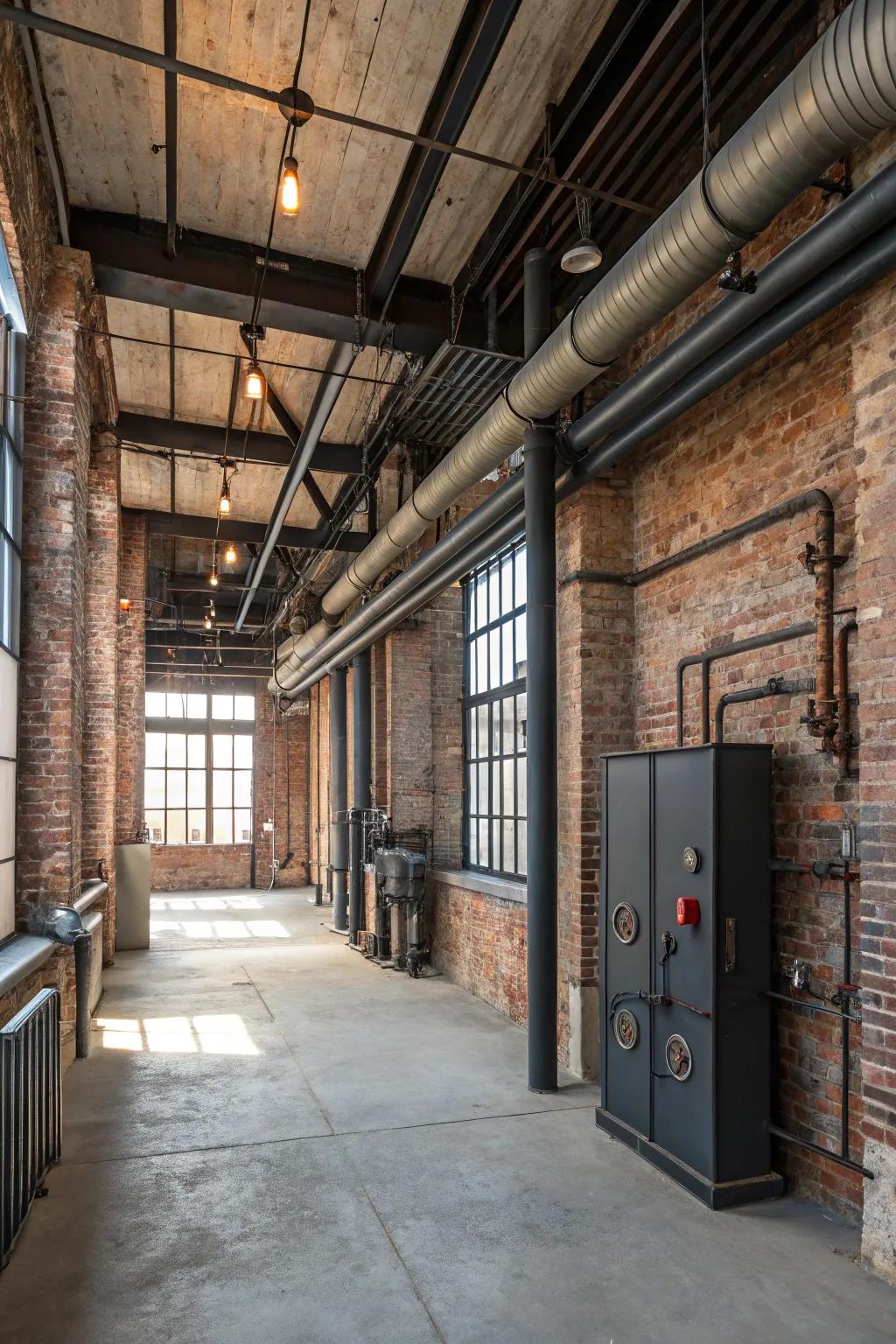 An industrial-style room featuring exposed materials and a cool vibe.