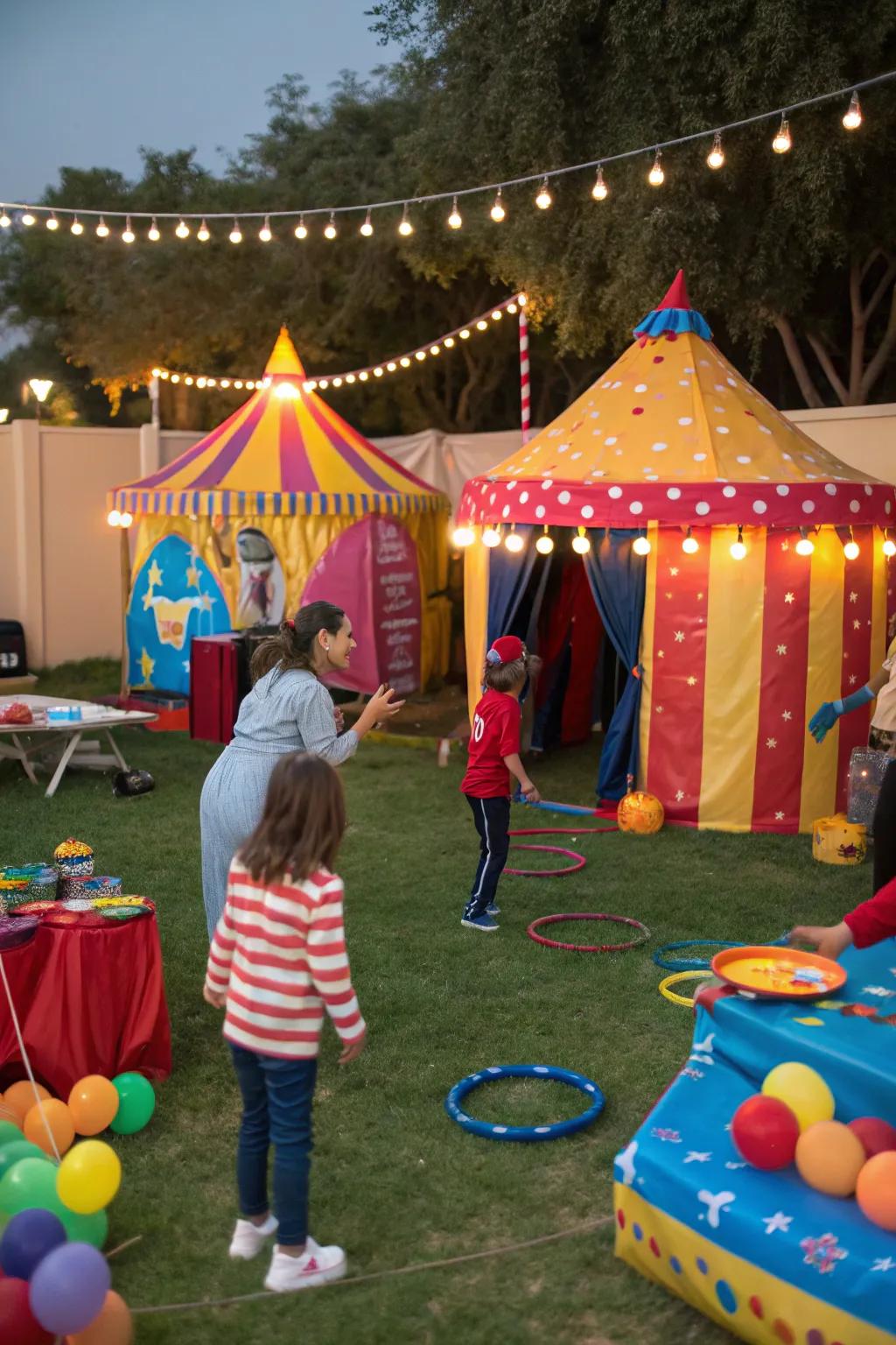 Circus-themed celebration featuring playful tents and entertainment.