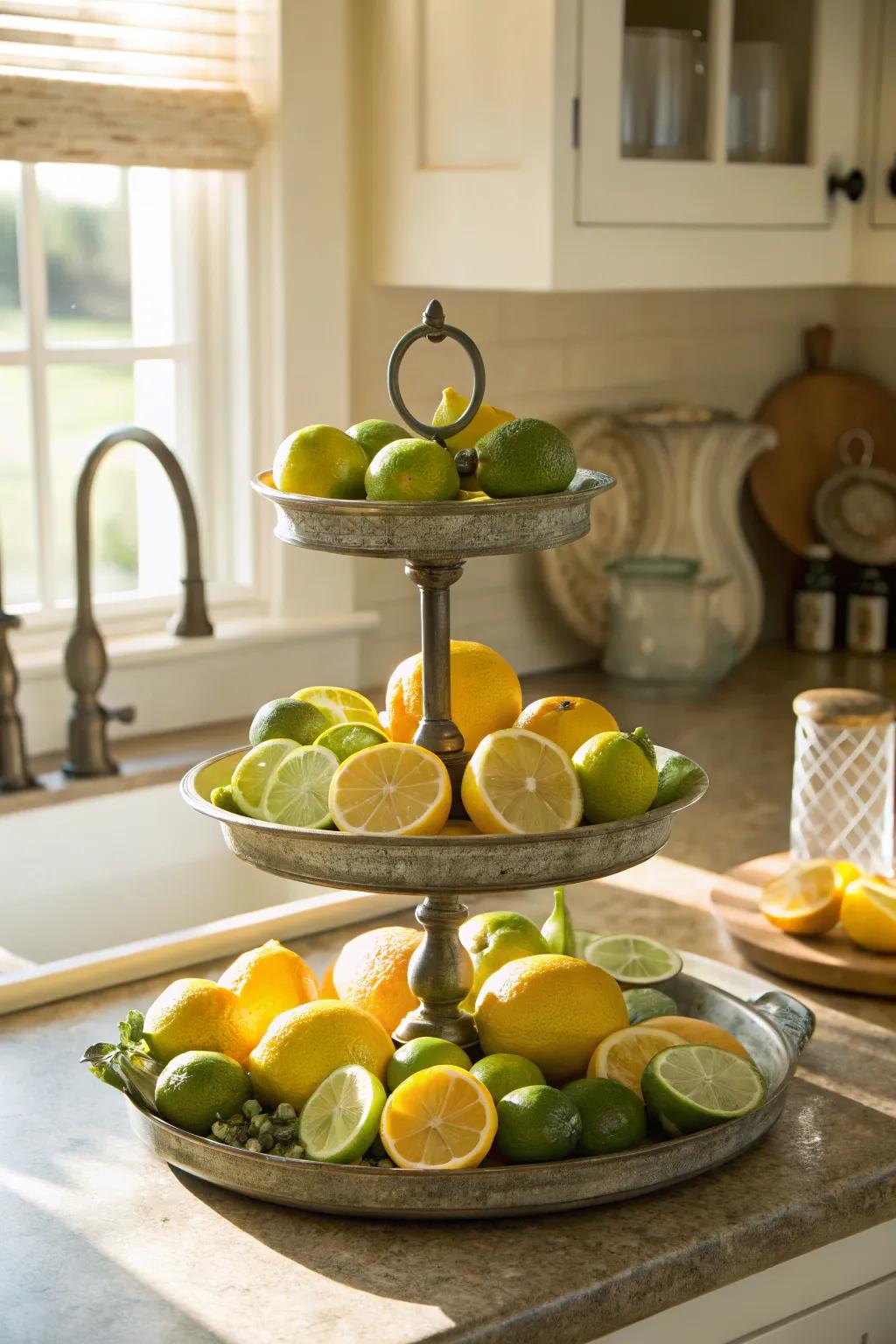 A summer-themed tiered tray bursting with citrus freshness.