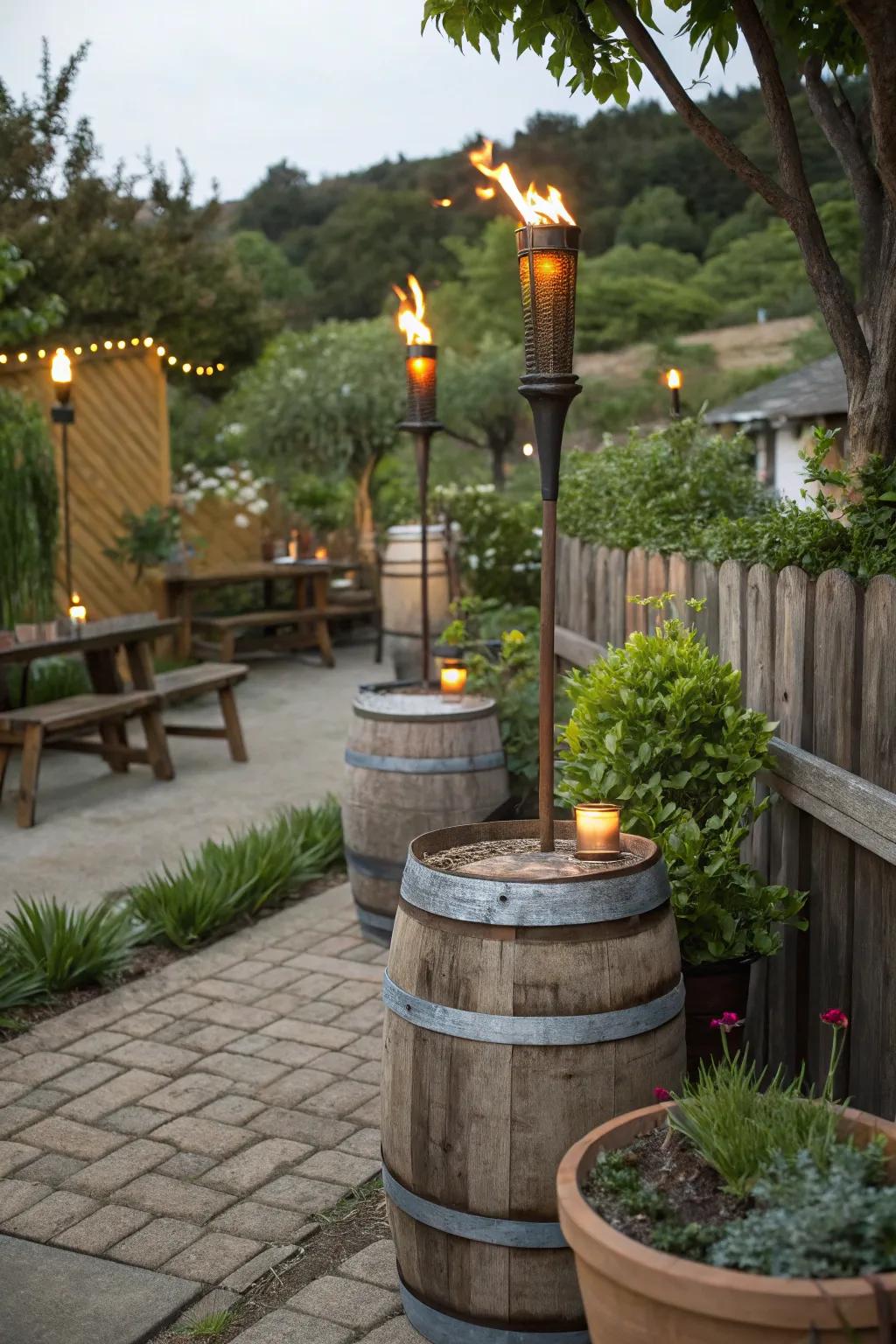Add country charm with wine barrel <strong><em>tiki torches</em></strong>.” loading=”lazy” class=”pimg”>
	</picture><figcaption>Add country charm with wine barrel <strong><em>tiki torches</em></strong>.</figcaption></figure>
<p>Employ aged wine barrels as bases for <strong><em>tiki torches</em></strong> to realize a rustic aesthetic. This concept infuses a hint of winery sophistication into any backyard.</p>
<h3>A few relevant products:</h3>
<ul class=
