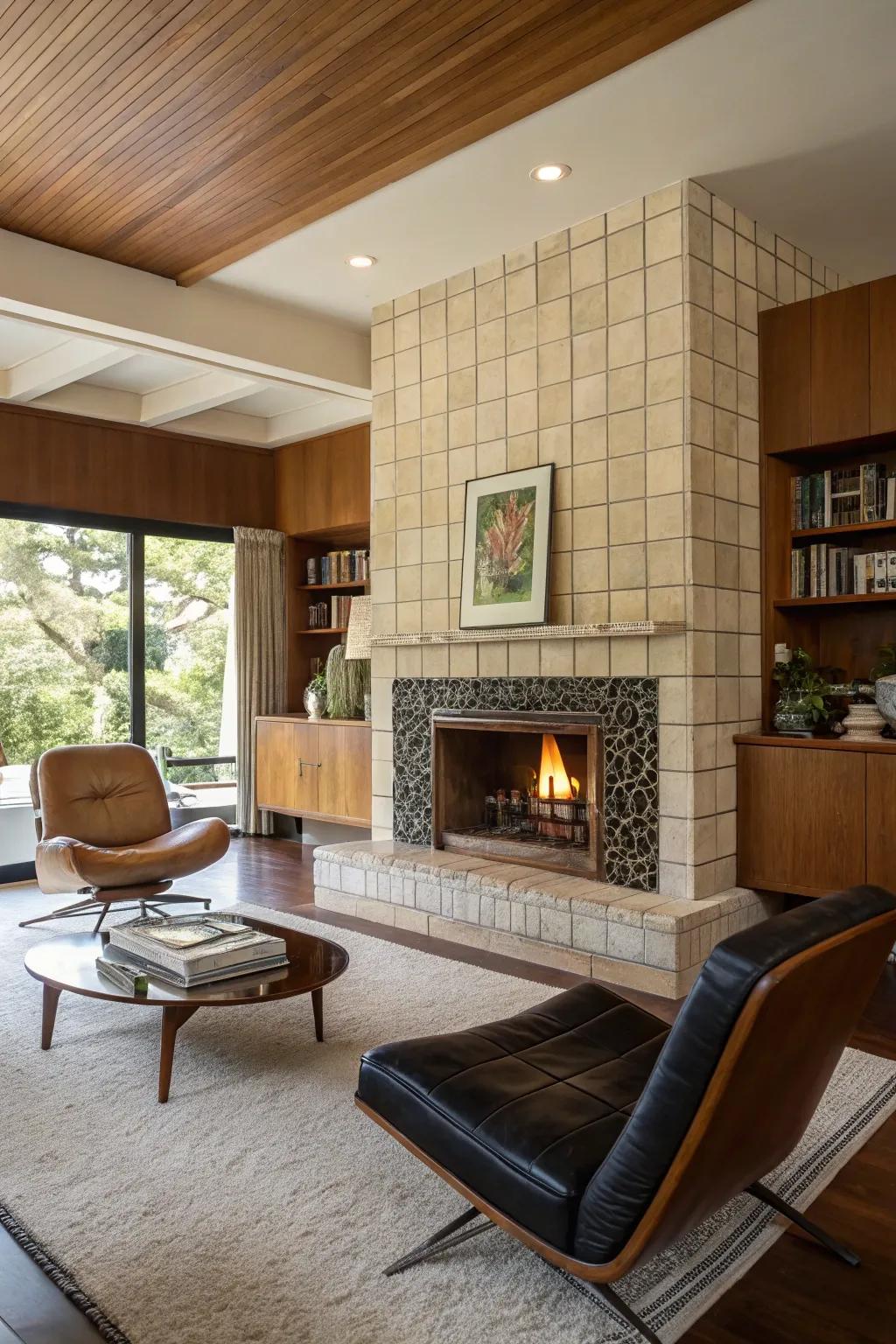 Fifties vibe with polished stones and uncluttered lines.