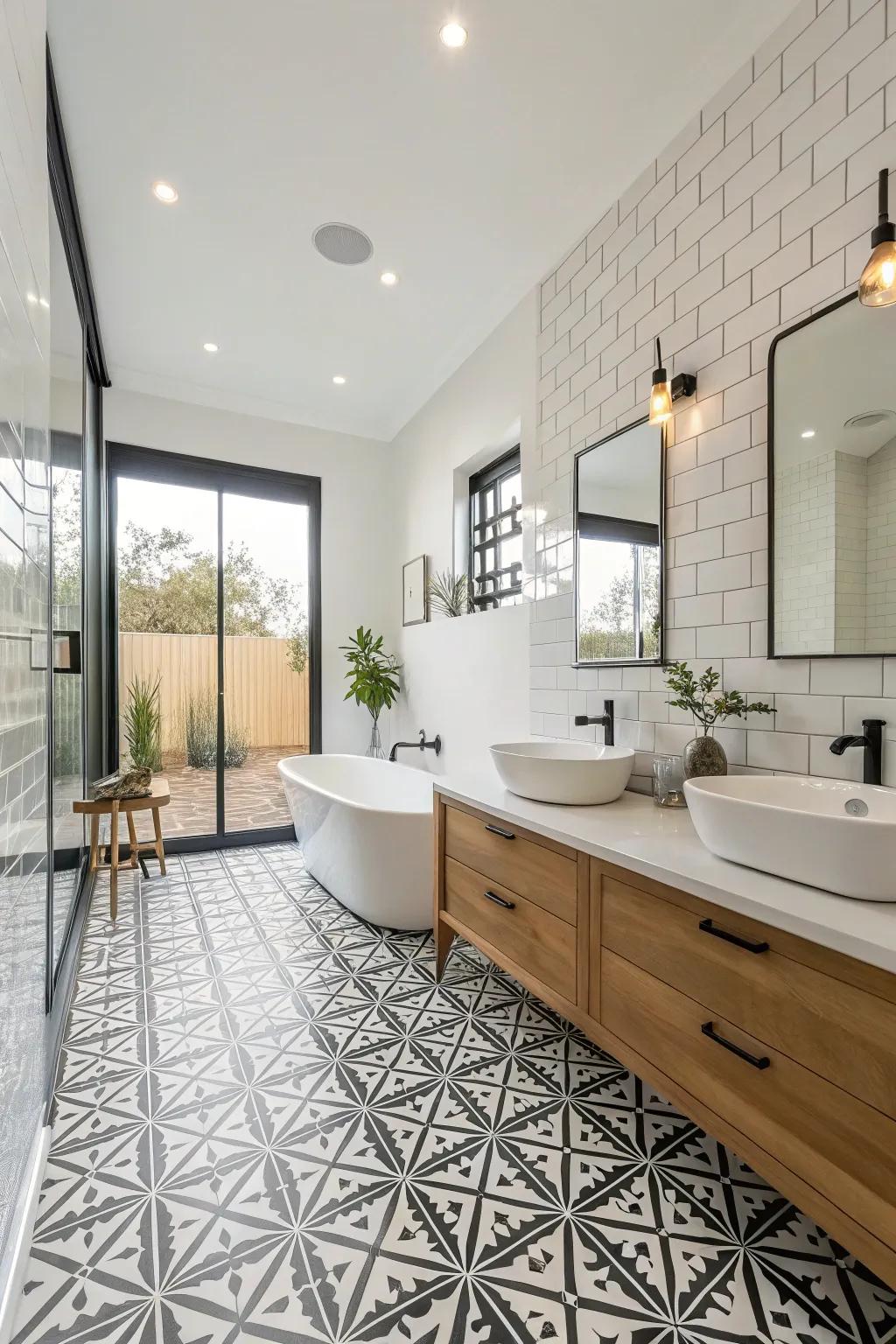 Geometric tiles add a modern edge to this sleek bathroom.