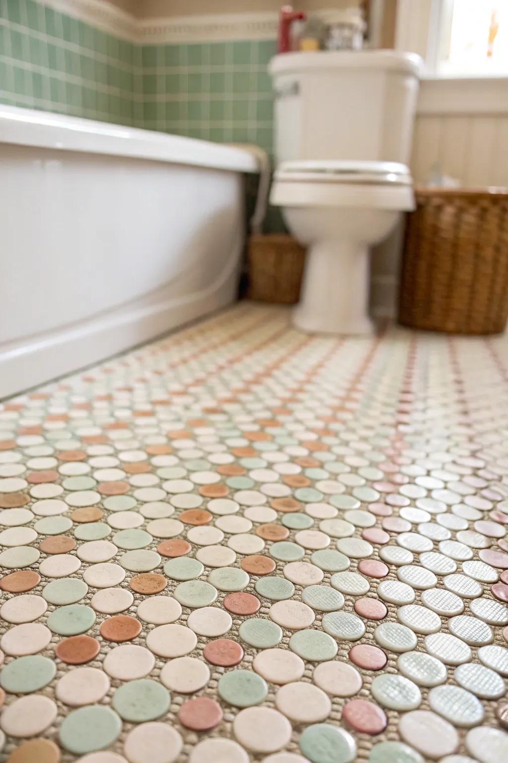 Penny round tiles add a playful, vintage charm to this bathroom.