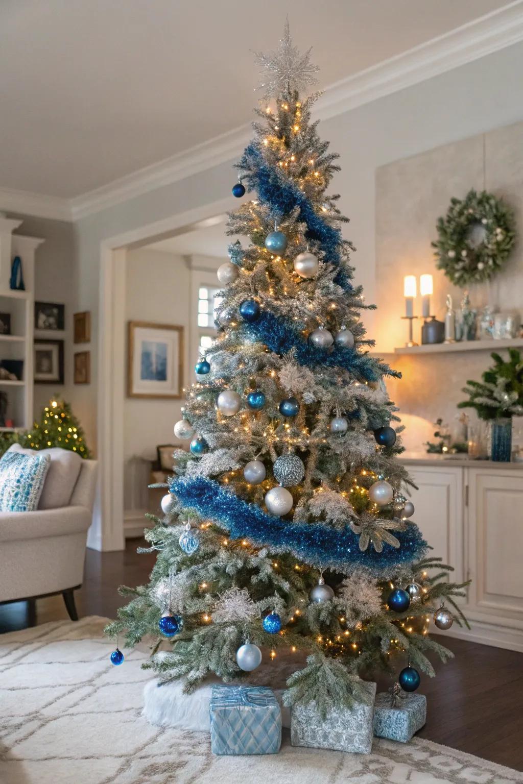 A serene home decor setting with a chic azure and argent foil Christmas tree.