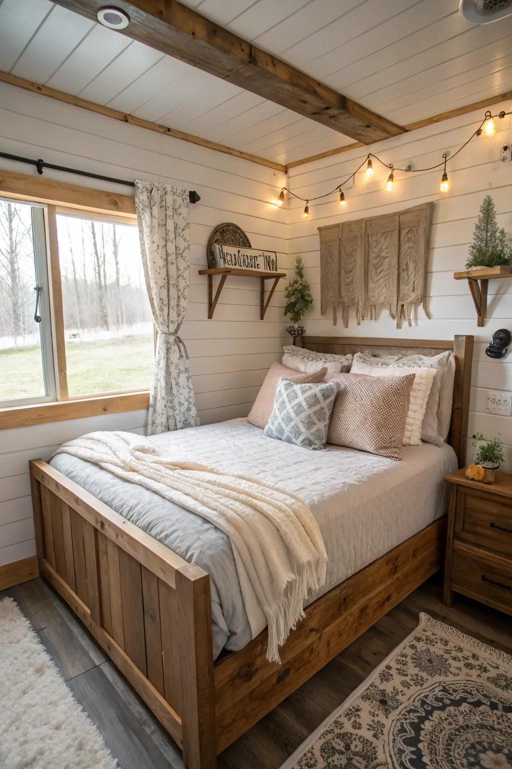 A stylish blend of wood and fabric textures creating a warm and inviting bedroom.