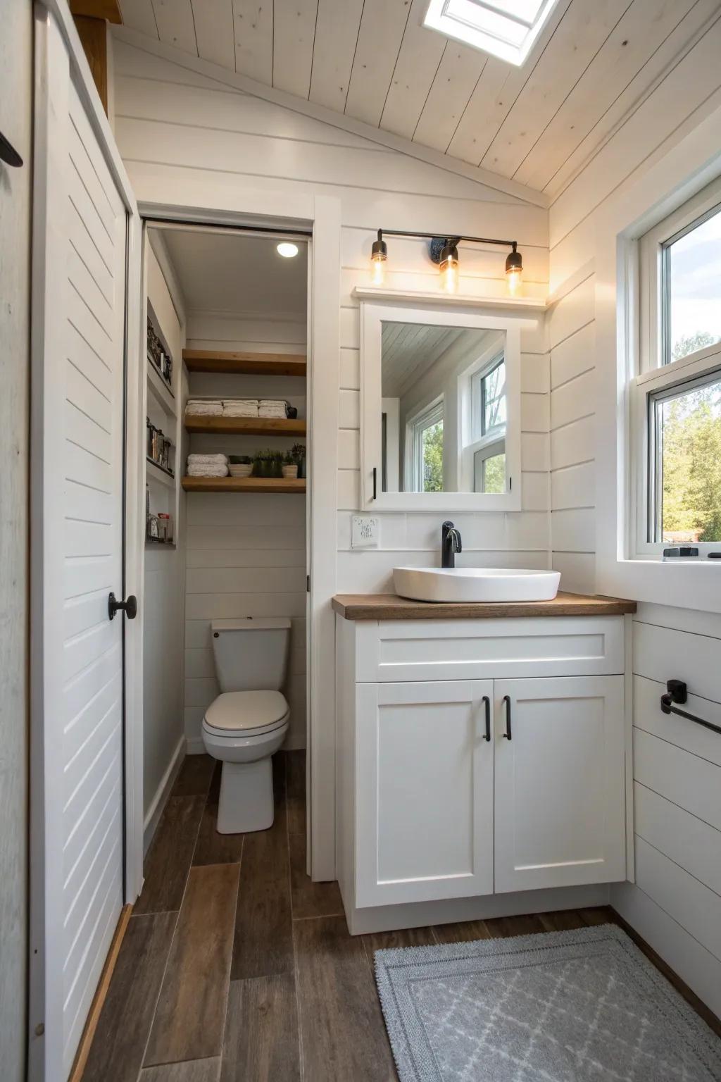 Built-in storage keeps essentials organized in this tiny bathroom.