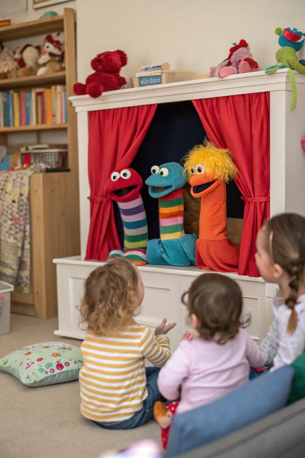 An interactive puppet show brings joy and laughter to the toddlers.