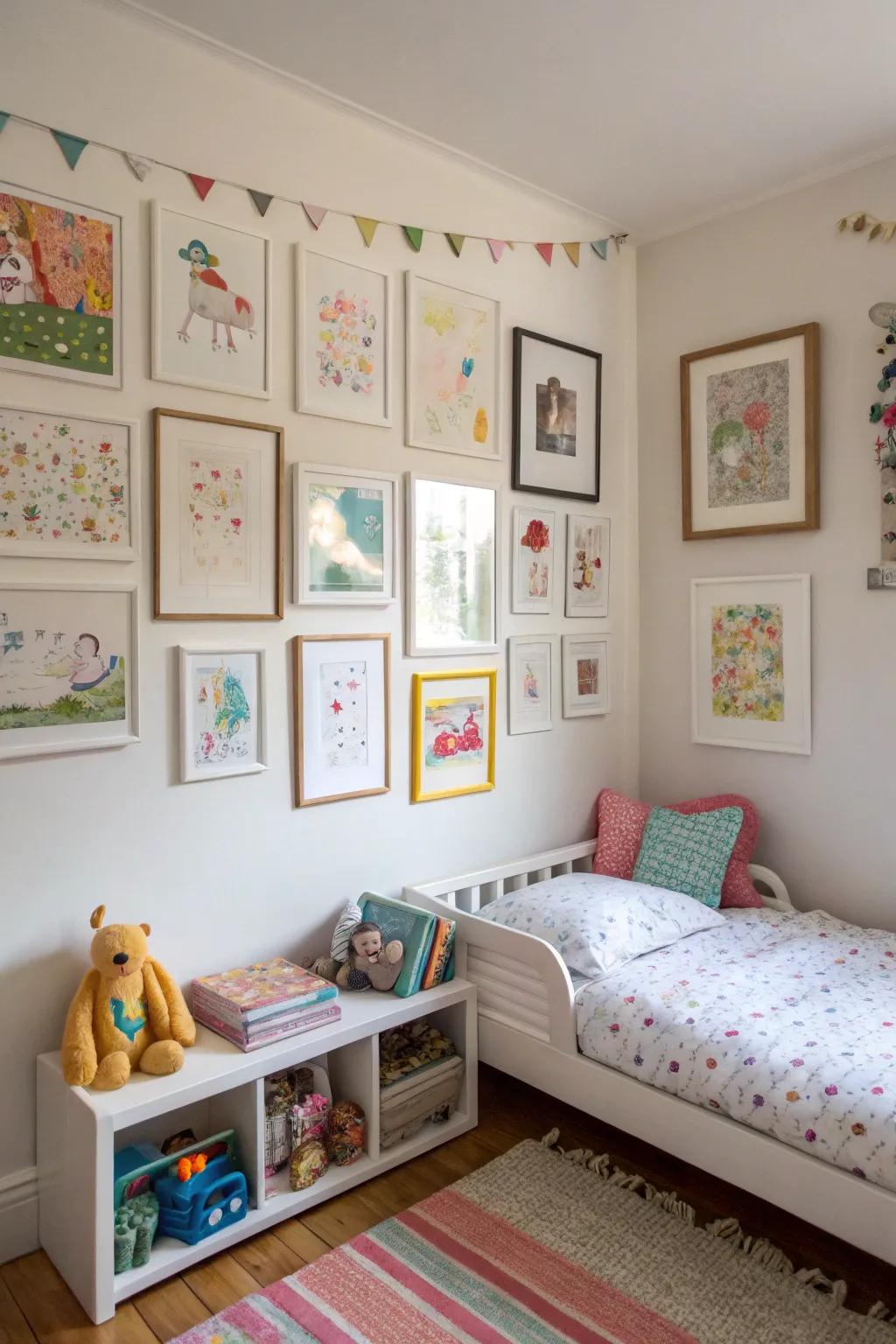 A personalized art gallery highlights your toddler's creativity and contributes a personal touch.